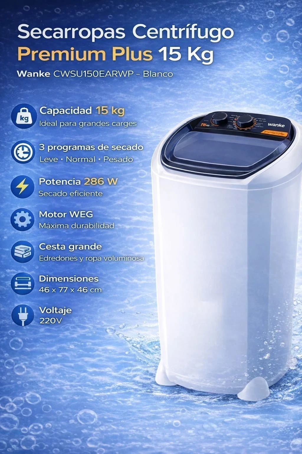 SECARROPAS CENTRÍFUGO COMFORT WANKE 15KG Blanco
