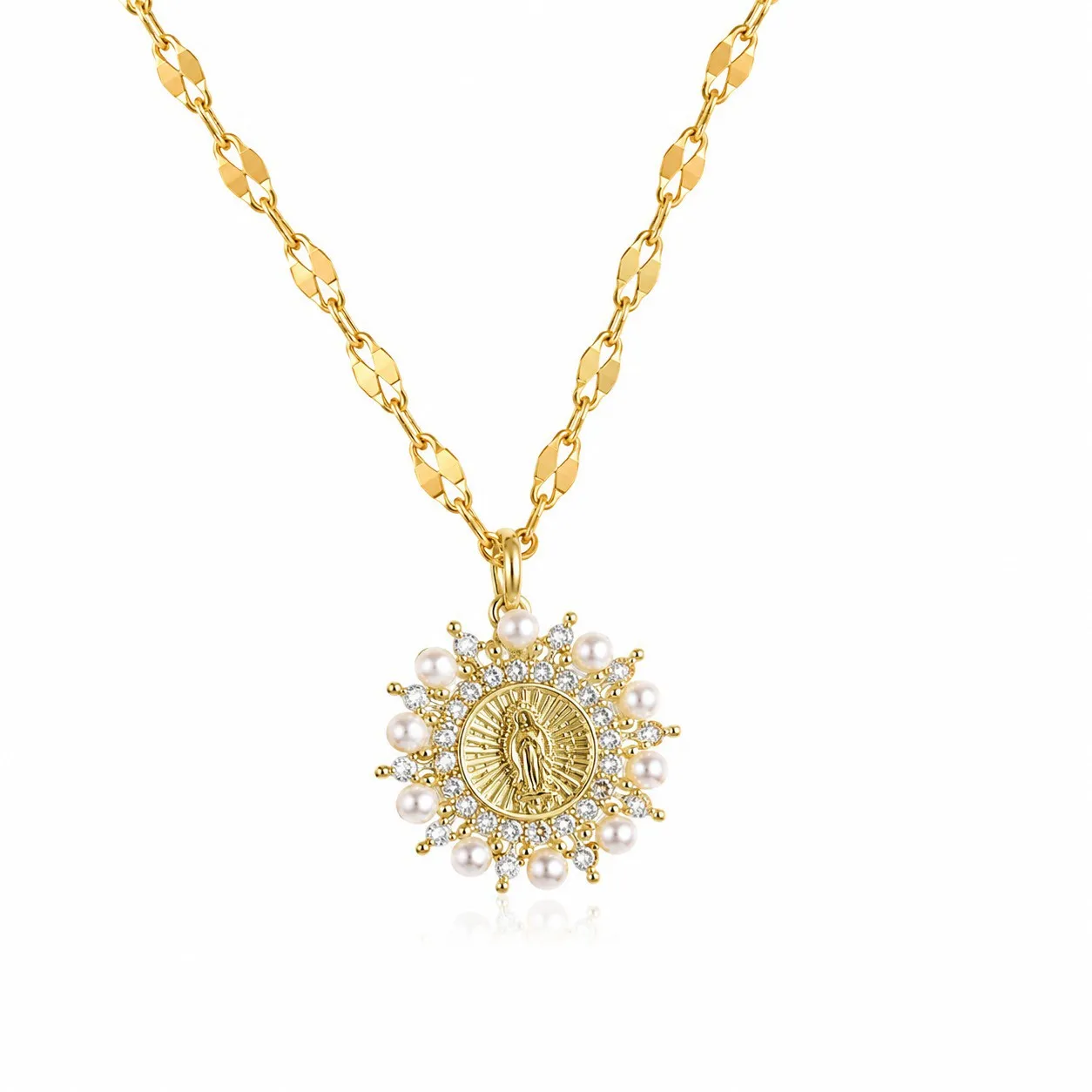 Cadena Y Dije En Acero Con Piedra Circon De Virgen Pequeña Perlas Blancas