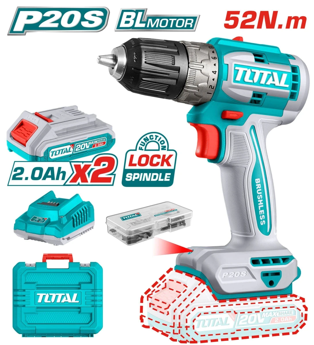 TDLI20453 Taladro atornillador 52nm + 2 baterías 2ah y cargador total