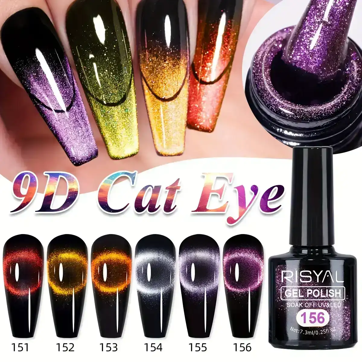 Set 6 Esmaltes en Gel Efecto Ojo de Gato (7.3ml c/u) + Imán para Uñas Risyal 2