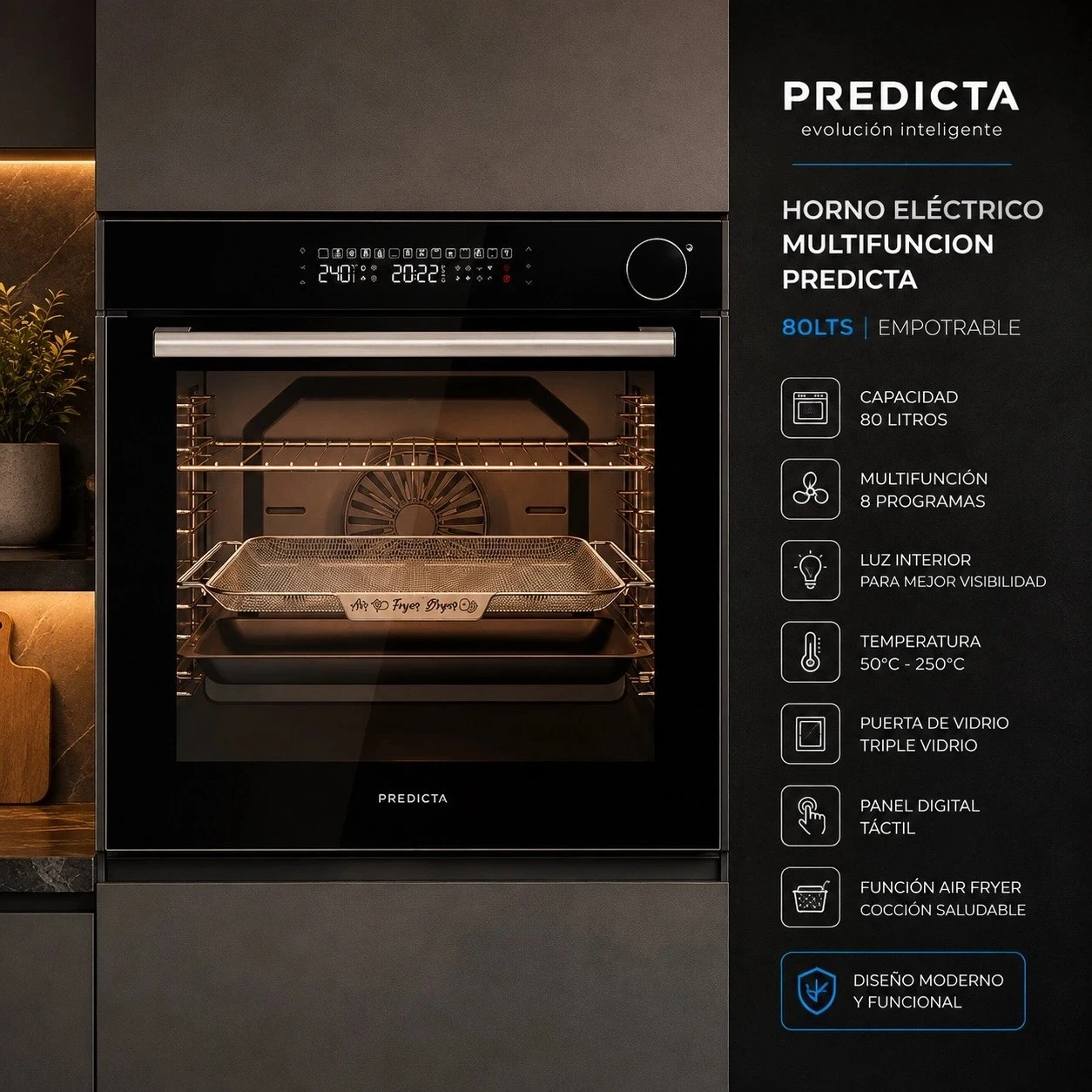 HORNO ELÉCTRICO MULTIFUNCIÓN PREDICTA PD-HE80 EMPOTRABLE 80LTS