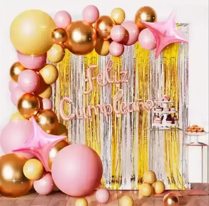 Set guirnalda globos c/cortina metalizada fc chrome rosa c/dorado 58 pcs