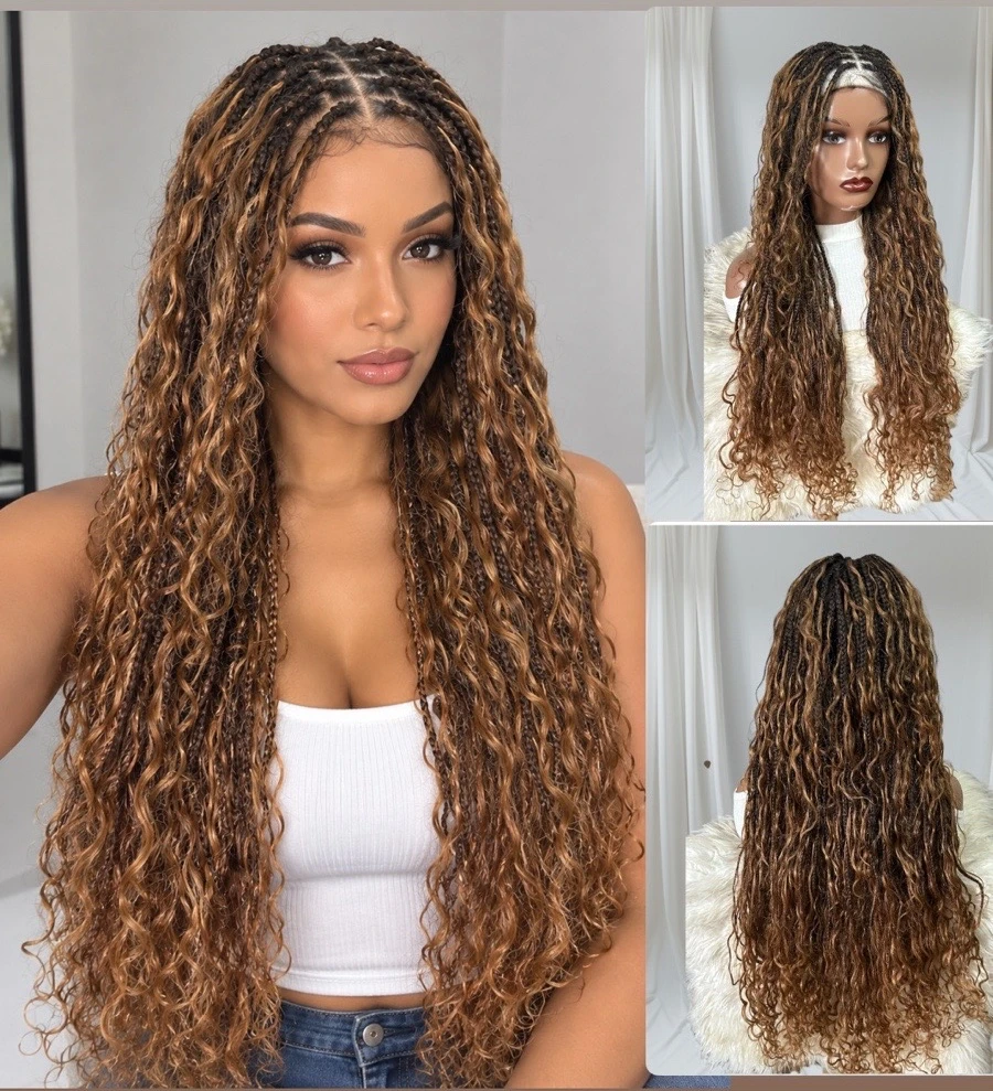 Pelucas de cabello humano  Bohemias con trenzas sinteticas de 30 pulgadas, frontal 360