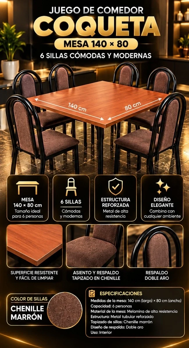 JUEGO DE COMEDOR COQUETA CHENILLE MARRON *CONSULTAR DISPONIBILIDAD CON EL VENDEDOR*