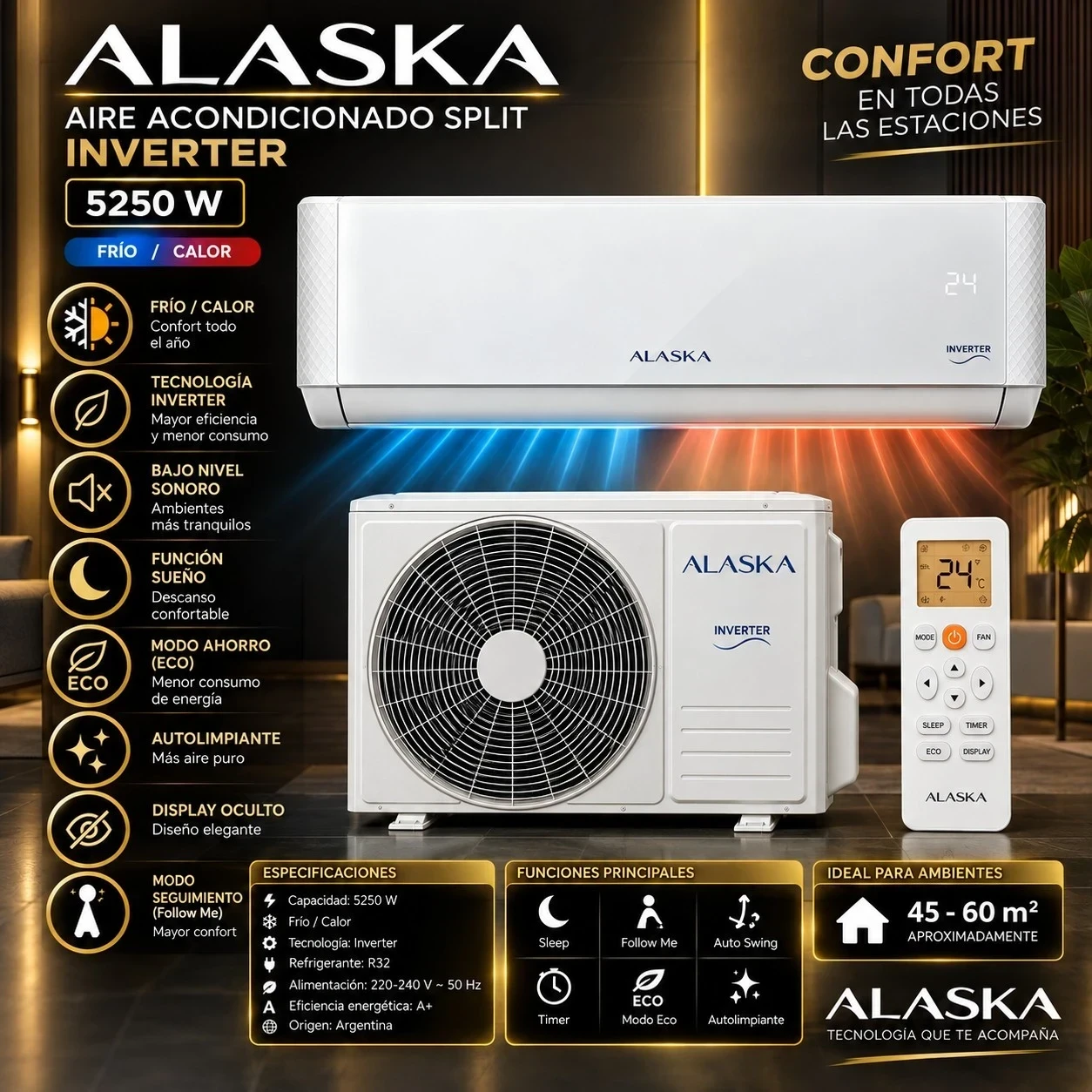 AIRE ACONDICIONADO ALASKA 5250W SPLIT INVERTER FRIO/CALOR *CONSULTA DISPONIBILIDAD CON EL VENDEDOR*