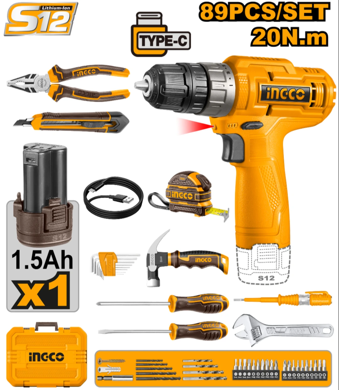 KIT ATORNILLADOR 12V 20MM EN VALIJA (CDLI12428) + 89 HERRAMIENTAS C/BAT Y CARGADOR INGCO - HKTHP10891