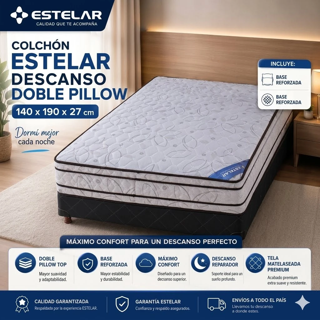 COLCHON ESTELAR DESCANSO DOBLE PILLOW 140 X 190 X 27CM + BASE REFORZADO