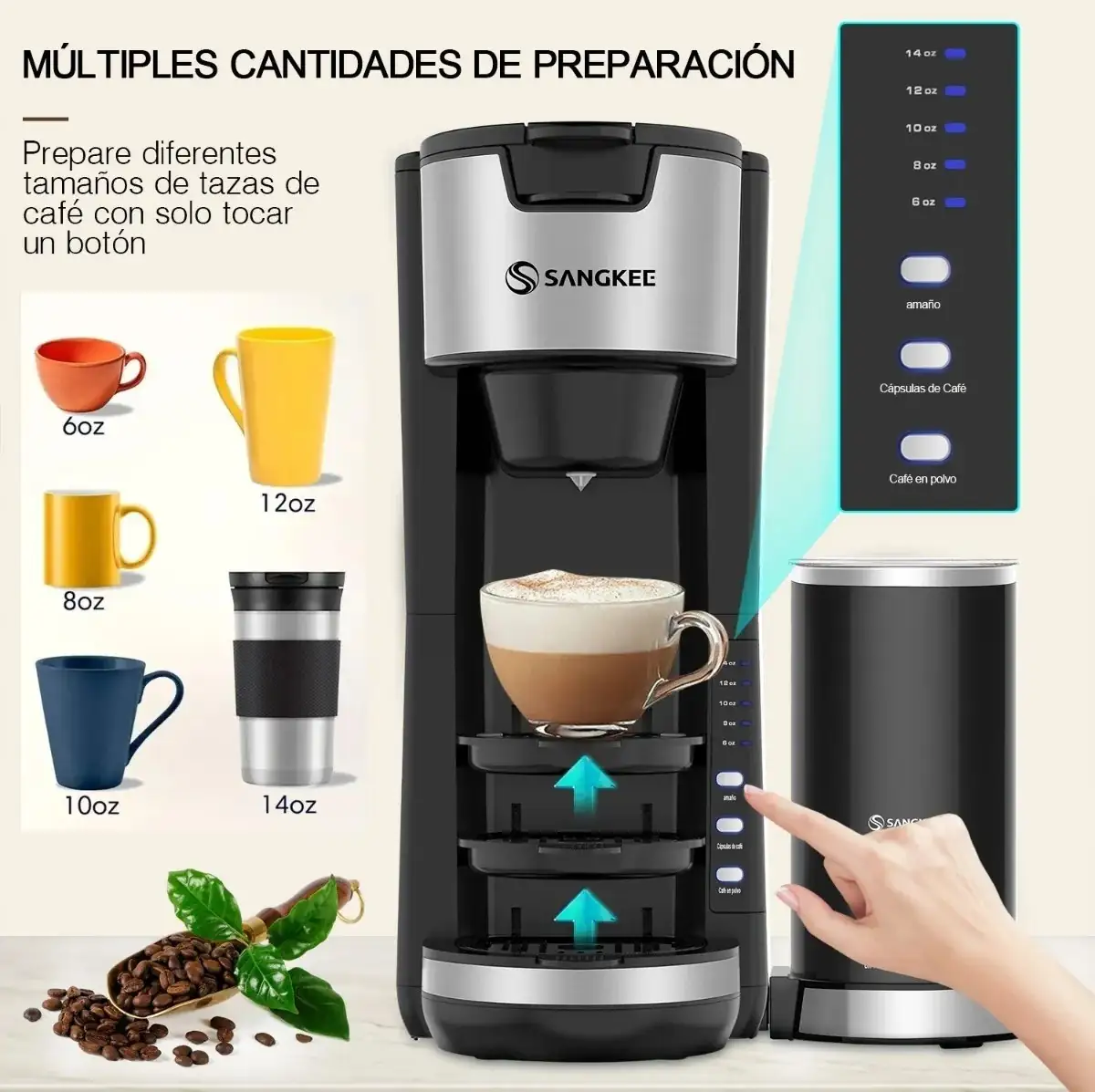 Cafetera más espumador de leche 6 en 1 para cápsulas K-CUP y para cafe molido  3