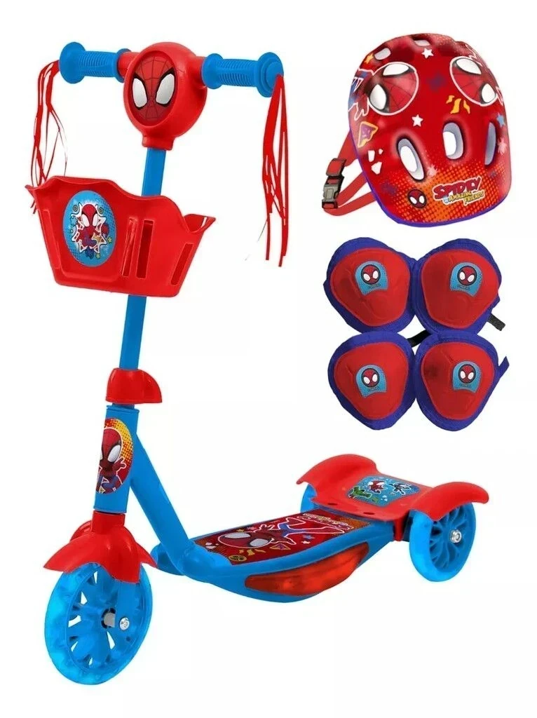 MONOPATIN LUZ SONIDO CON KIT DE PROTECCION SPIDEY