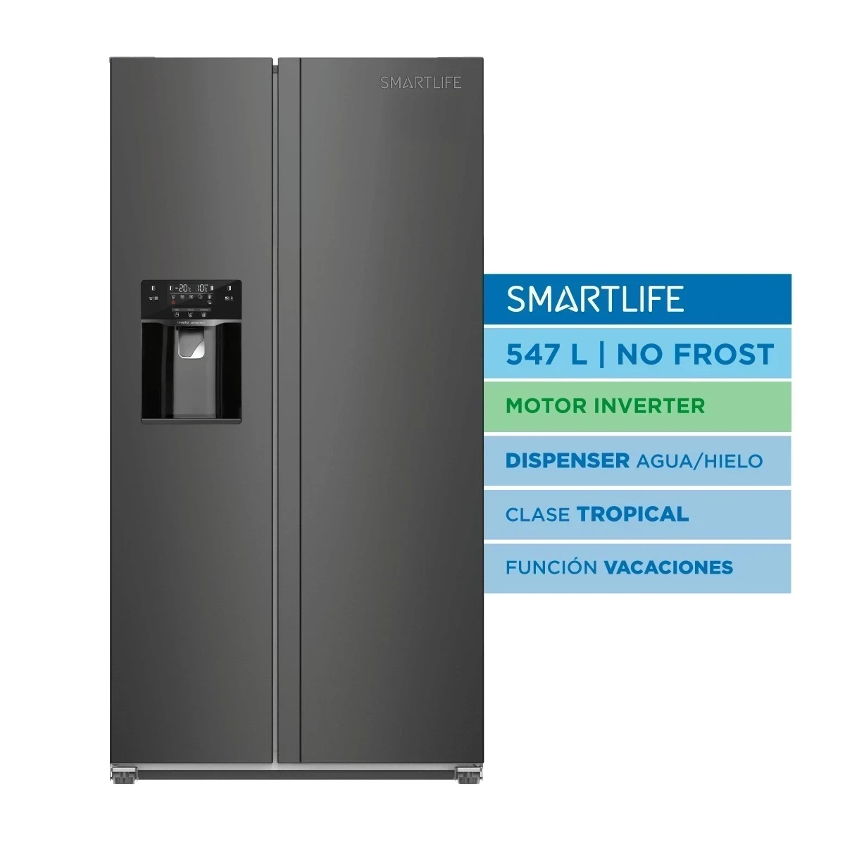 HELADERA DOBLE PUERTA SMARTLIFE 547LTS NO FROST INVERTER SIDE BY SIDE ACERO INOX C/DISPENSER DE HIELO Y AGUA