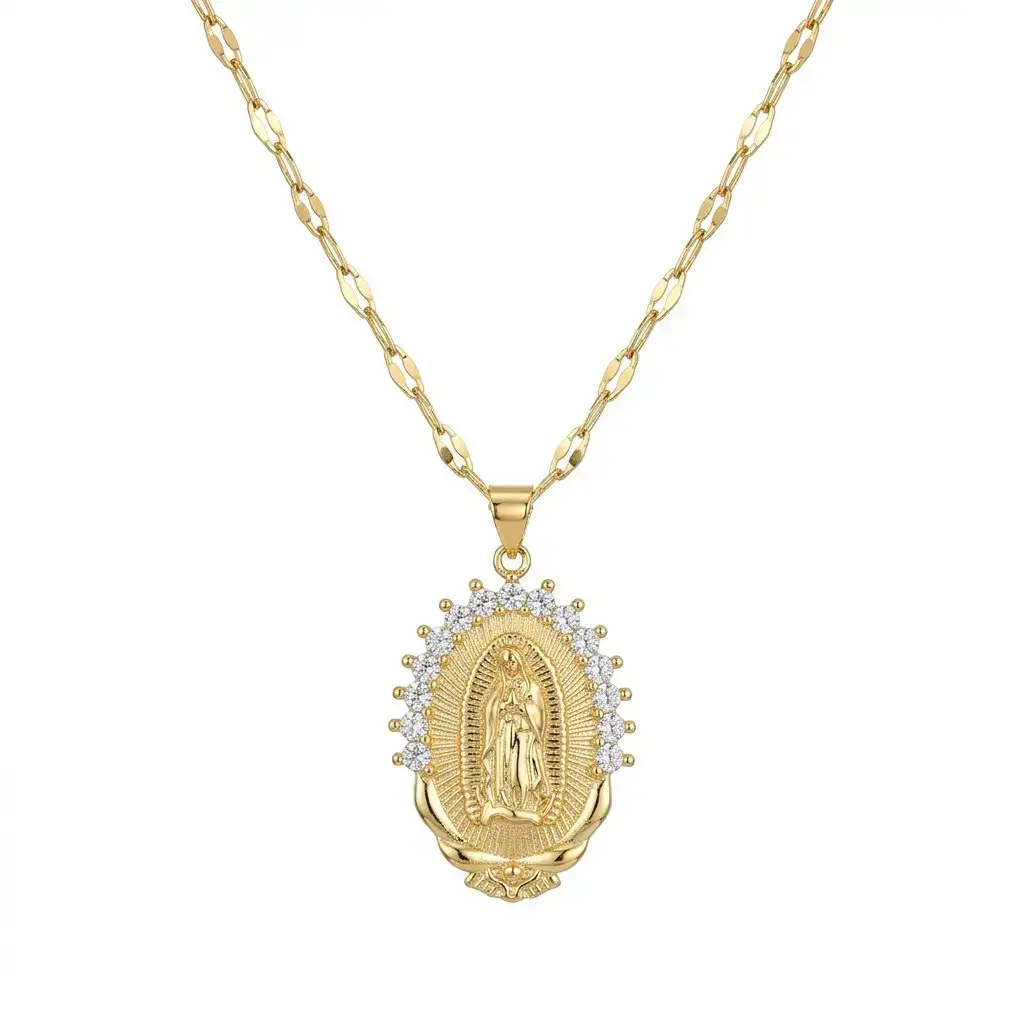 Cadena Y Dije En Acero Con Piedra Circon De Virgen De Guadalupe Piedras Blancas