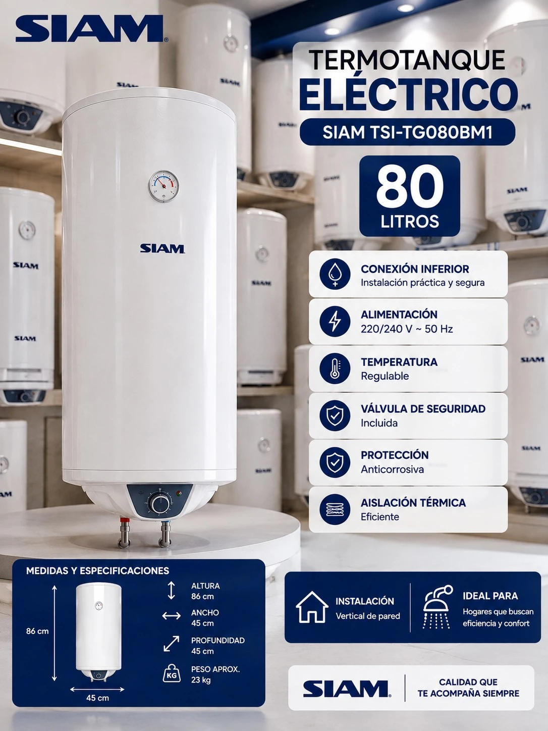 TERMOTANQUE ELÉCTRICO SIAM TSI-TG080BM1 80 LTS CONEXIÓN INFERIOR‼️SOLO POR PEDIDOS ‼️