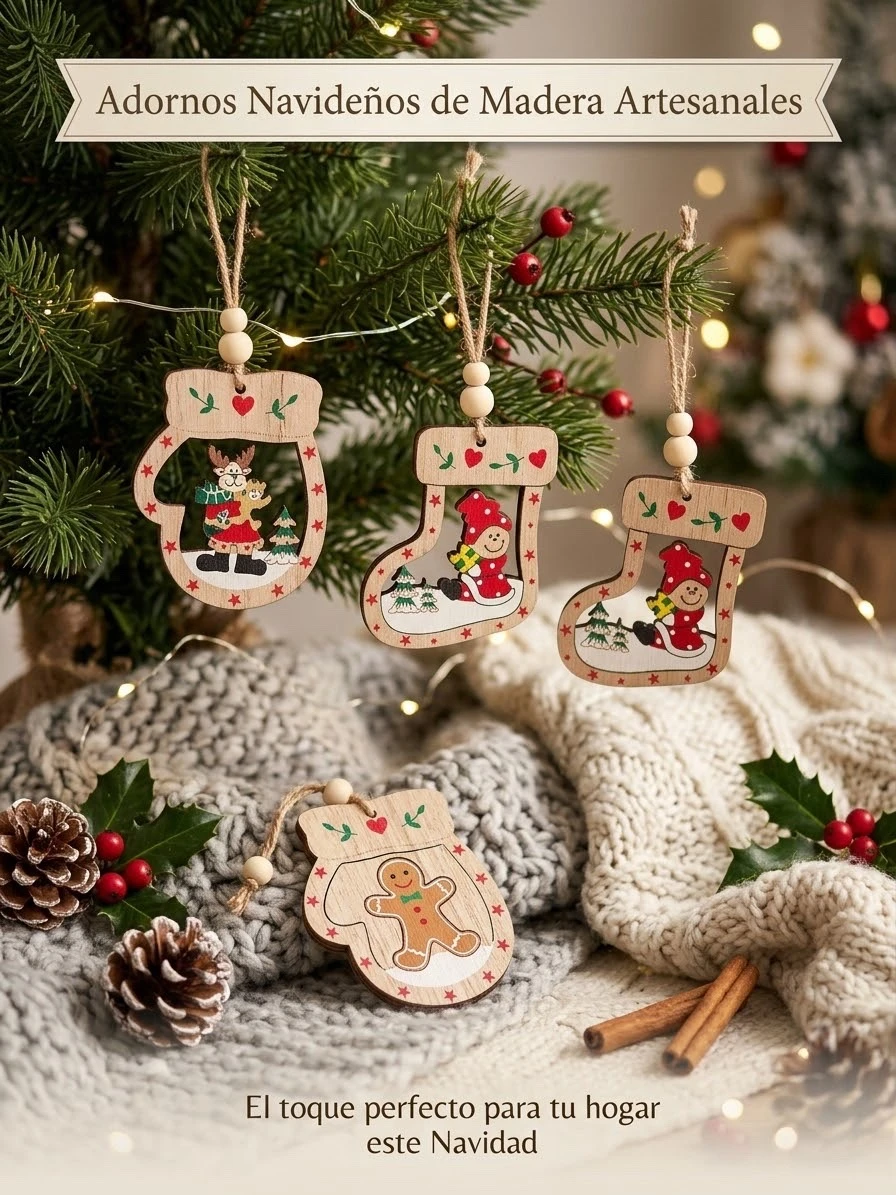 set de 12 Colgantes navideños de madera artesanal  5.5 cm  3