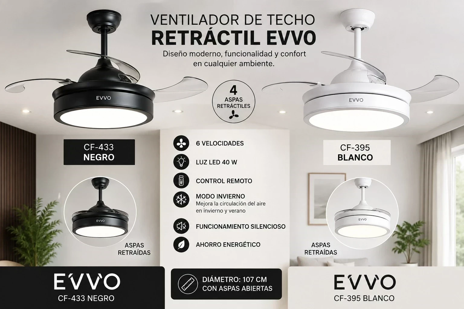 VENTILADOR DE TECHO RETRÁCTIL EVVO NEGRO BLANCO ‼️SOLO POR PEDIDOS ‼️ 