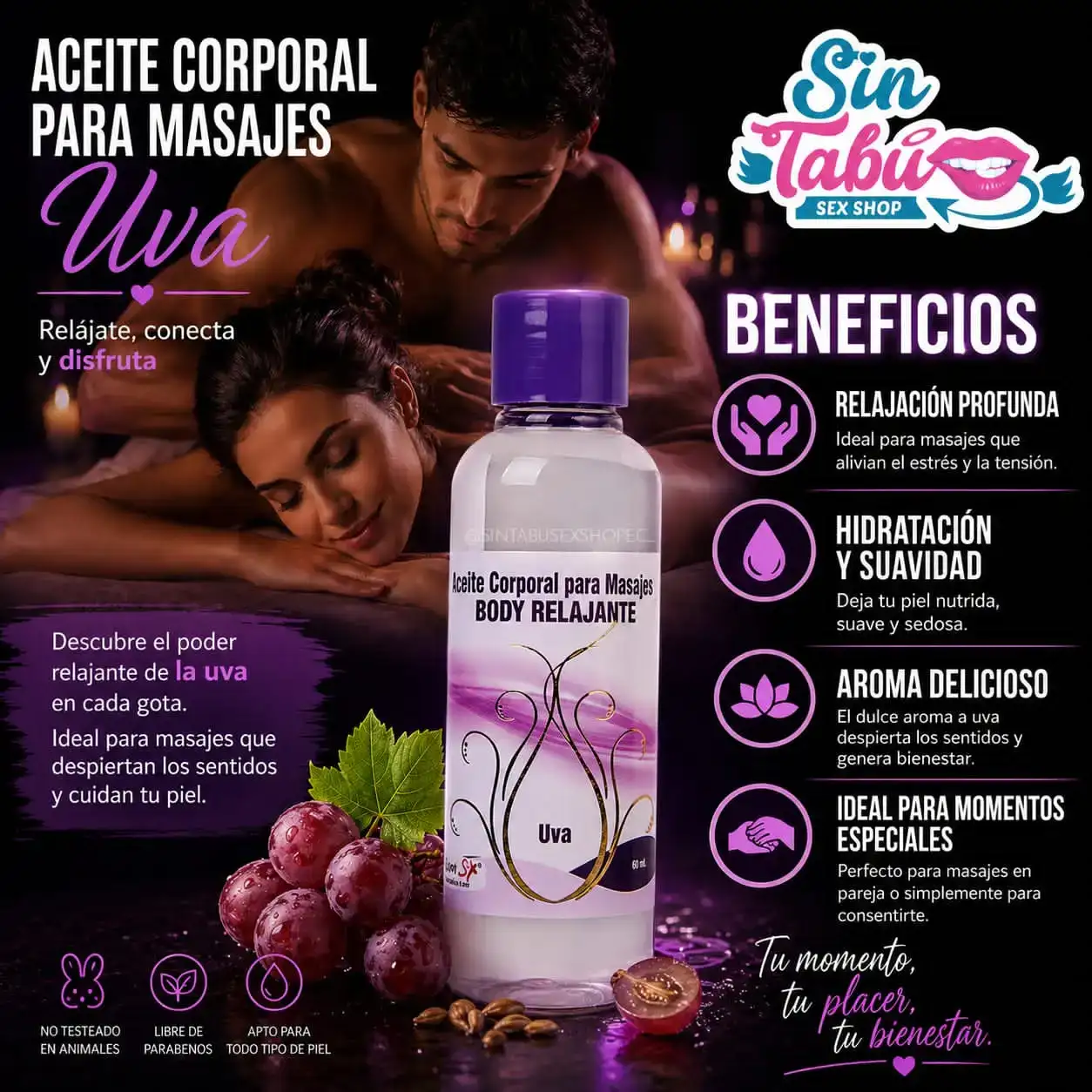 ACEITE PARA MASAJES CON FEROMONAS AROMA UVA 