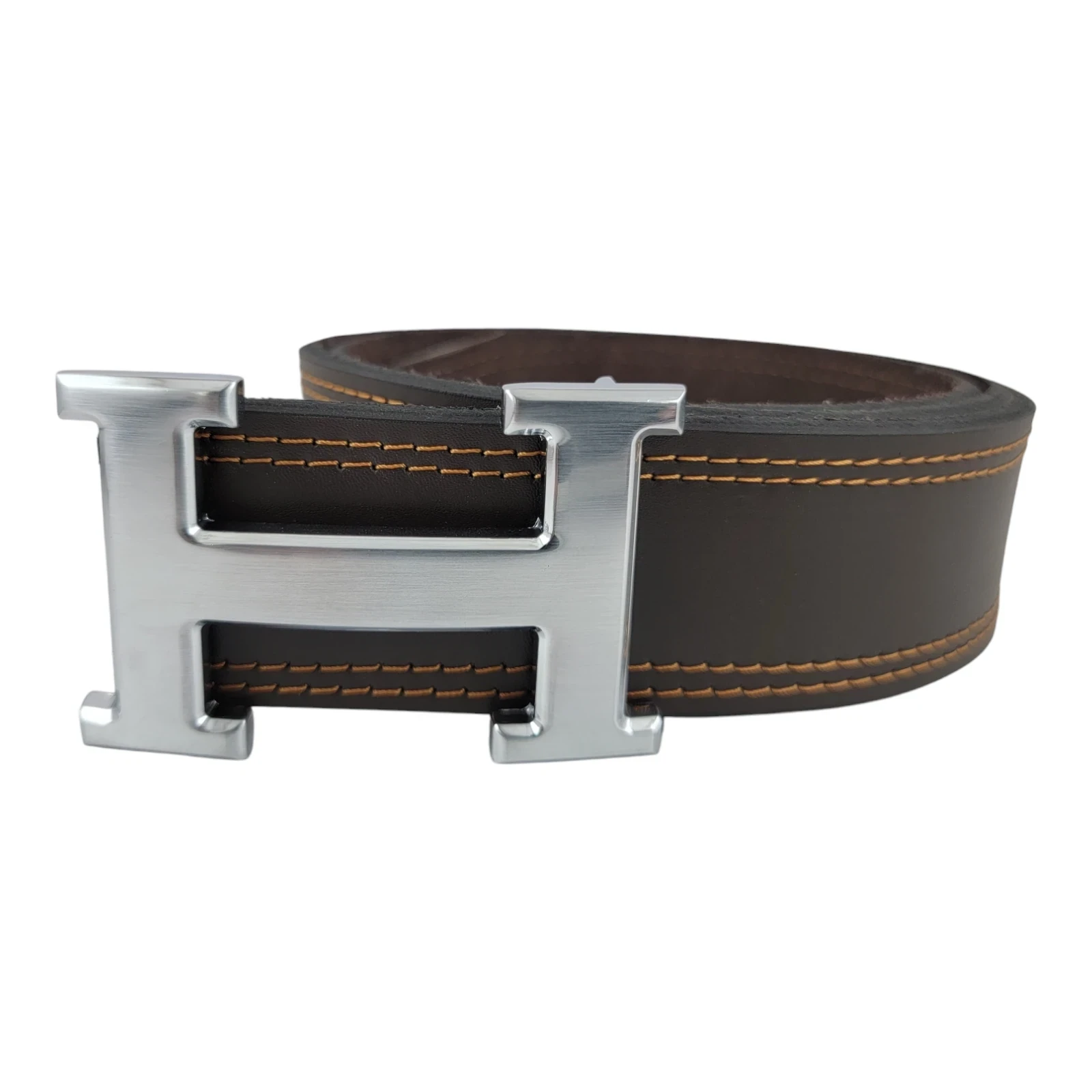 Cinturon Hermes cuero cafe oscuro costura dorada  2