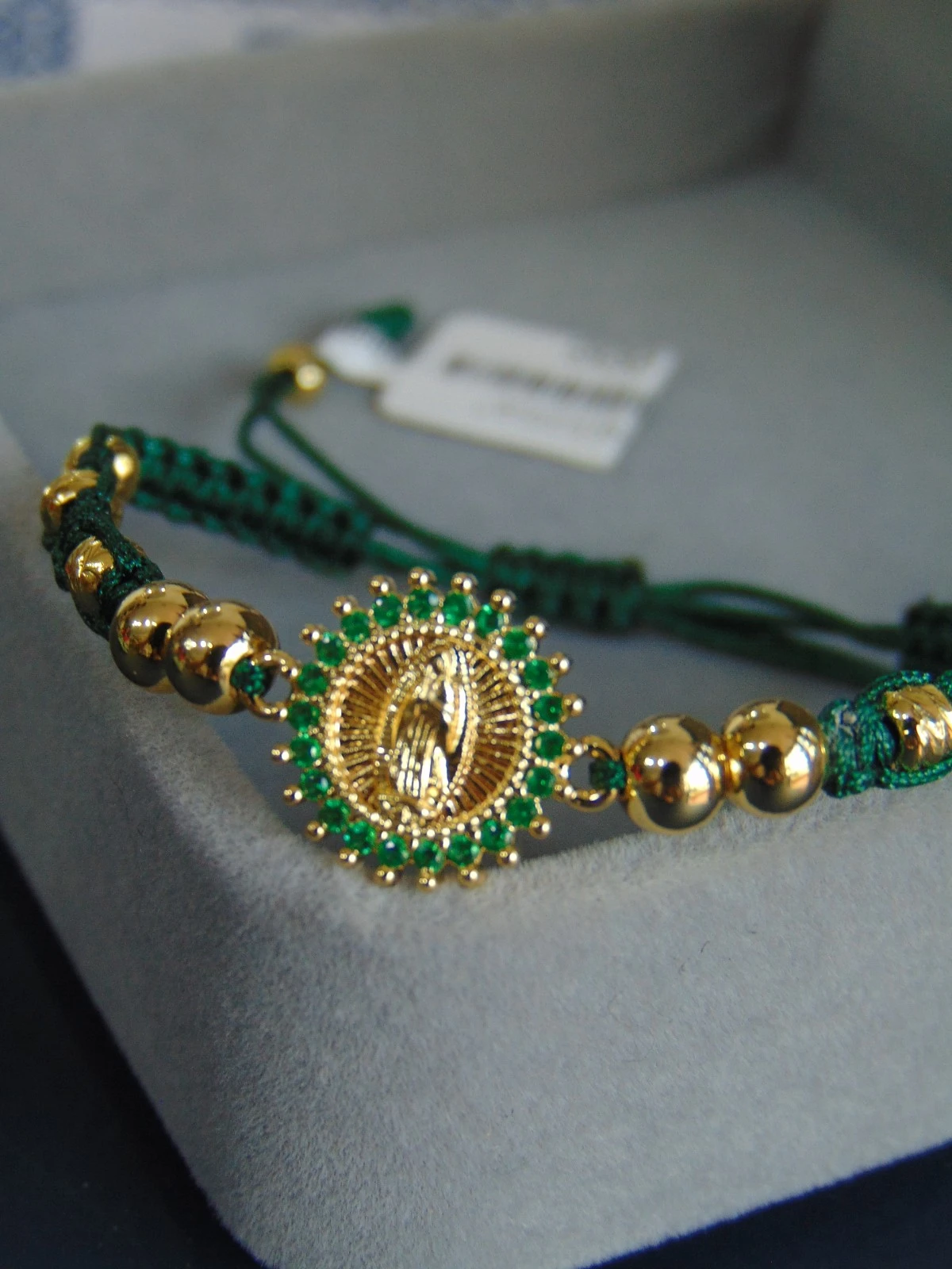 PULSERA RODIO DOR TEJIDA DIJE GUADA CIRCONES VERDES 2