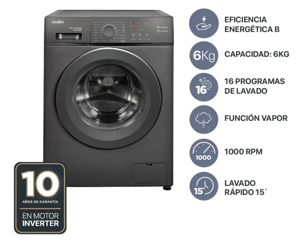 Lavarropas Automático Codini Inverter 6kgs 1000 Rpm Gris