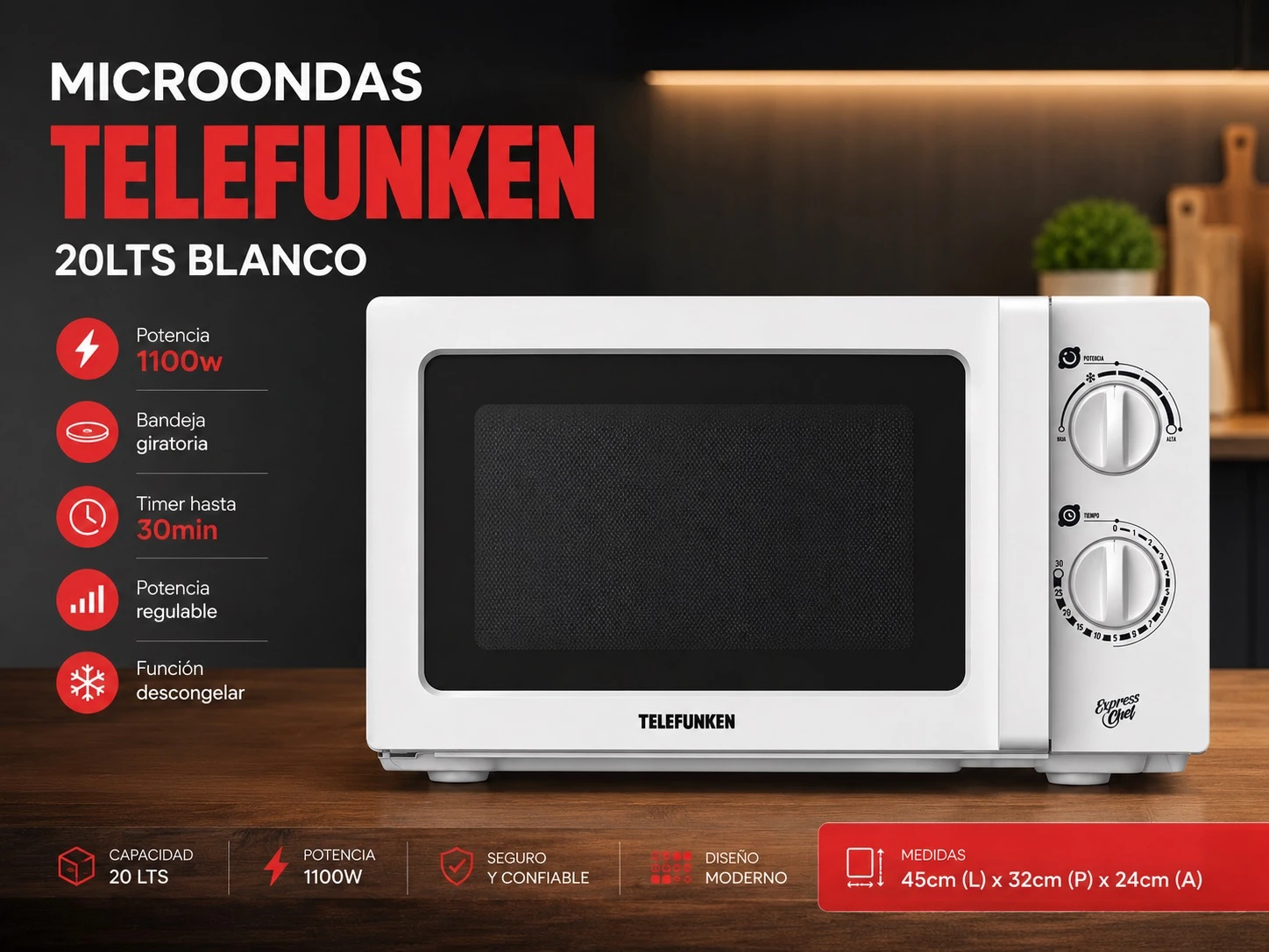 MICROONDAS TELEFUNKEN 20LTS ANALOGICO BLANCO 