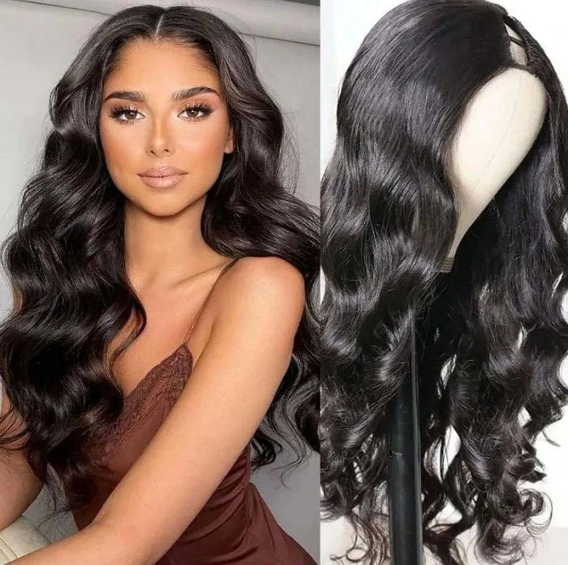 Peluca ondulada con parte en V para usar y llevar 20 pulgada, sin pegamento, peluca ondulada de cabello sintético negro natural