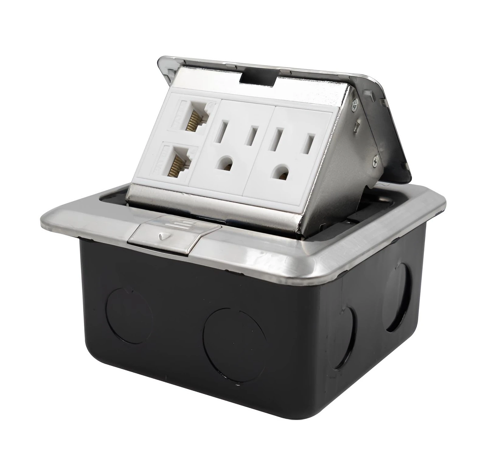 TOMACORRIENTE PISO DOBLE + 2 RJ45 PLATEADO 2