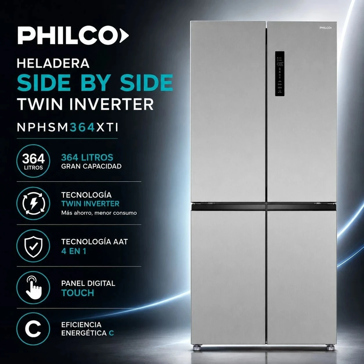 HELADERA SIDE BY SIDE PHILCO INVERTER 364 LTS NPHSM364XTI