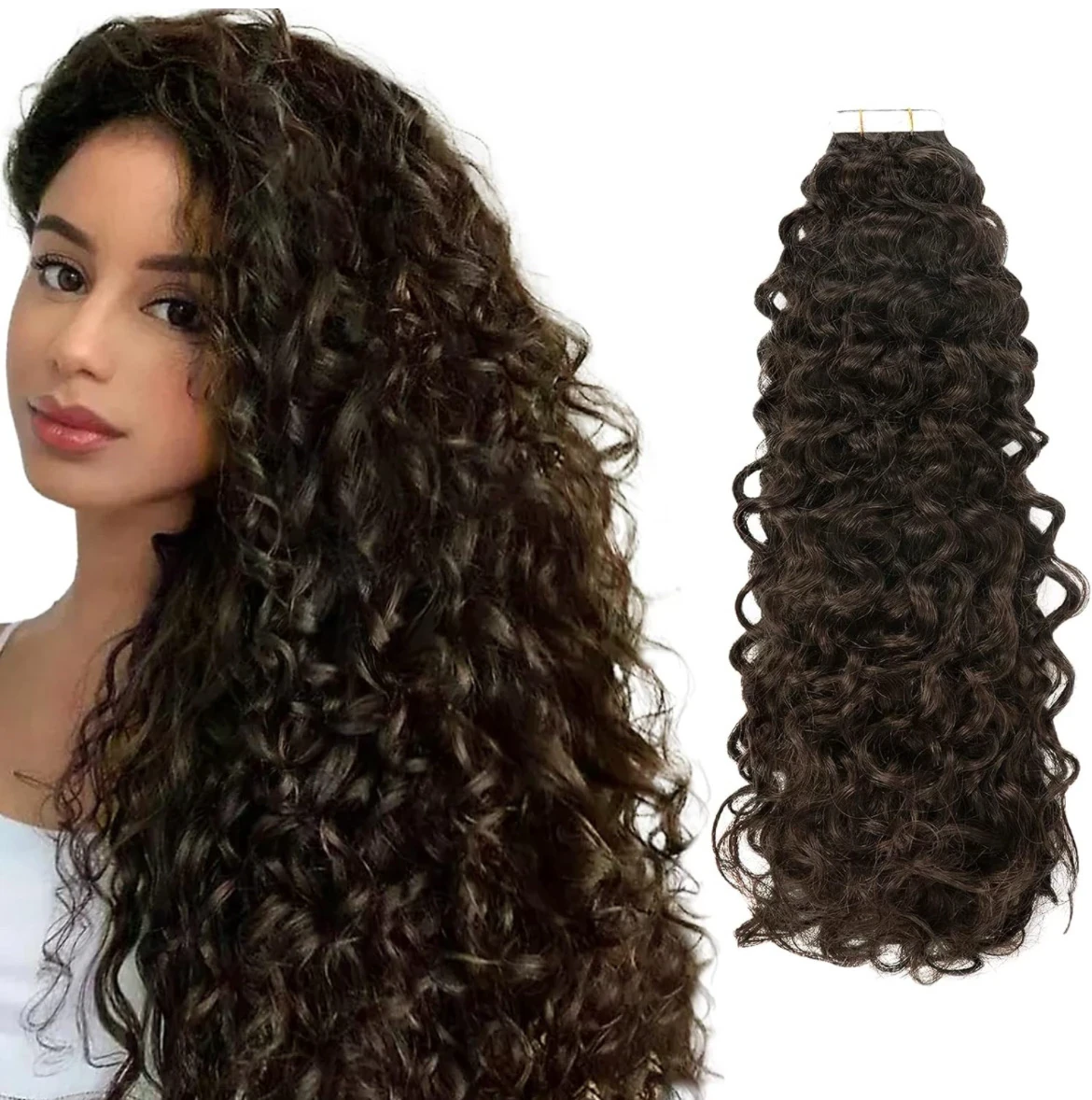 Extensiones de cabello rizado  con tape, cabello humano castaño oscuro 9A sin procesar, extensiones de cabello humano real para mujeres negras, Jerry Curly #2, 12 pulgadas 100g