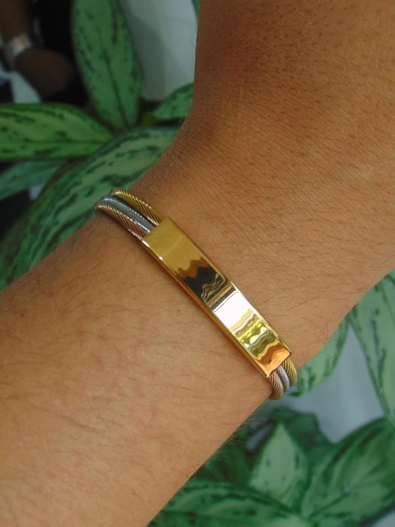 PULSERA ACERO 3 TONOS HOMBRE ARO GUAYAS PLACA DORADA 2