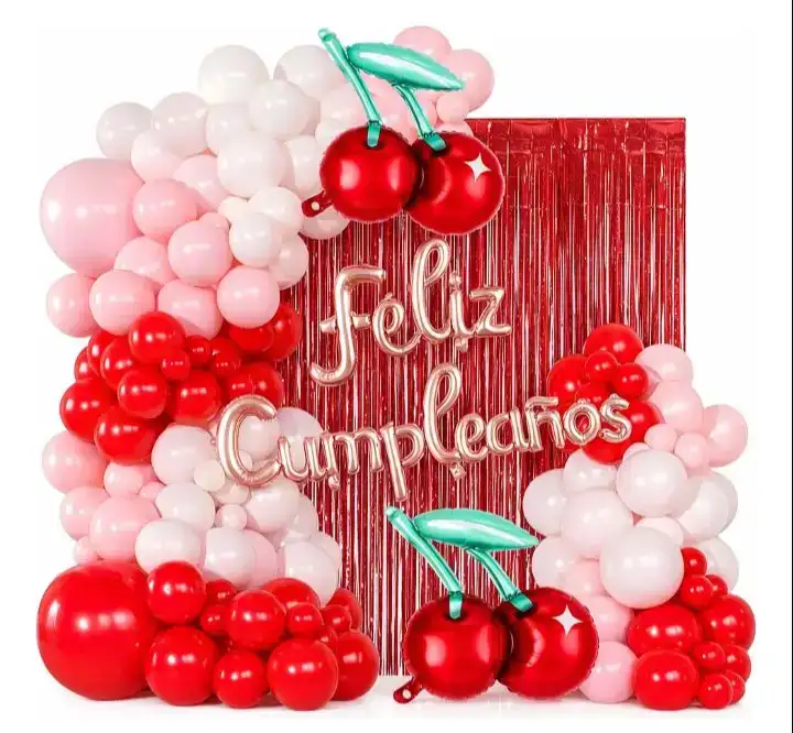Set globo cereza Feliz Cumpleaños, cortina roja 100 pcs rojo/rosa/lila