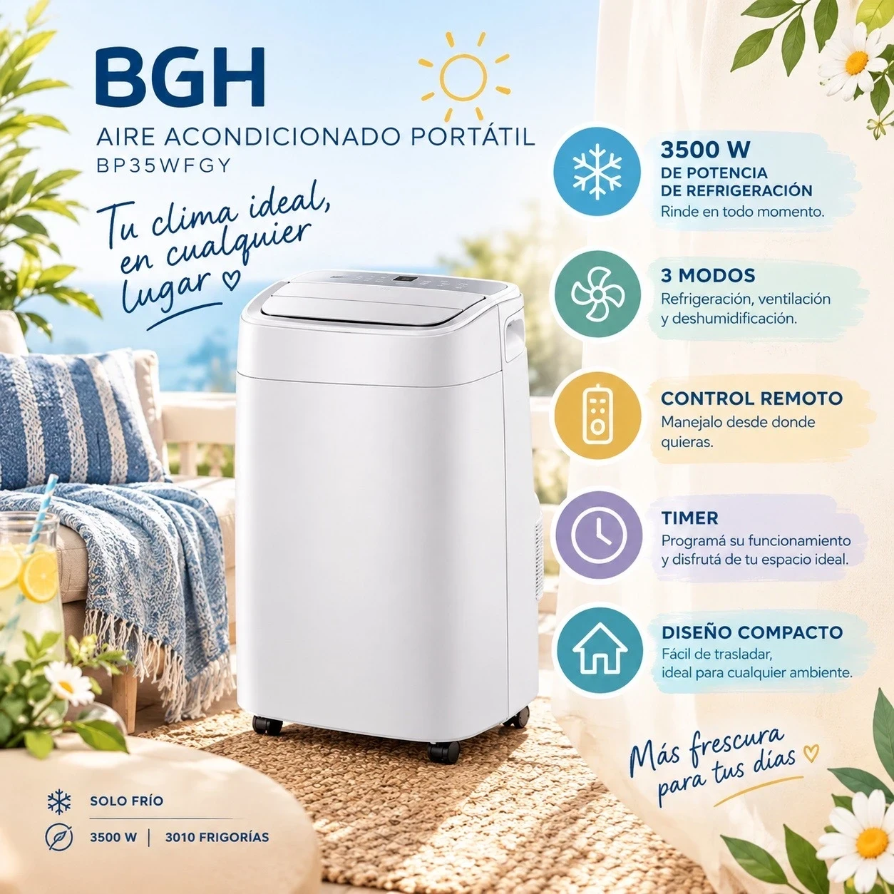 AIRE ACONDICIONADO PORTATIL BGH 3500W FRIO/CALOR BP35WFGY 