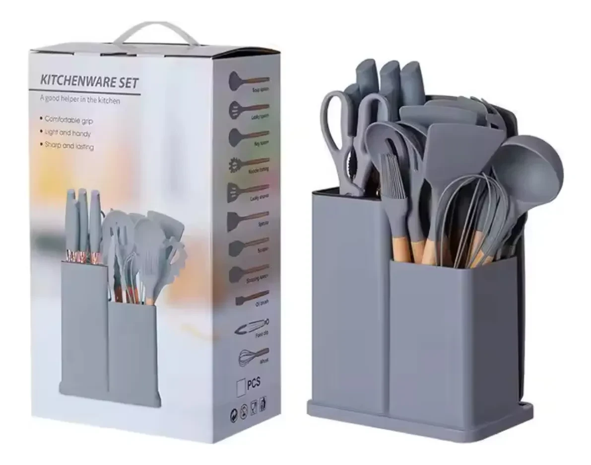 SET DE UTENSILIOS DE COCINA MANGO DE MADERA KIT X19 PIEZAS PUNTA DE SILICONA COLOR  GRIS 2