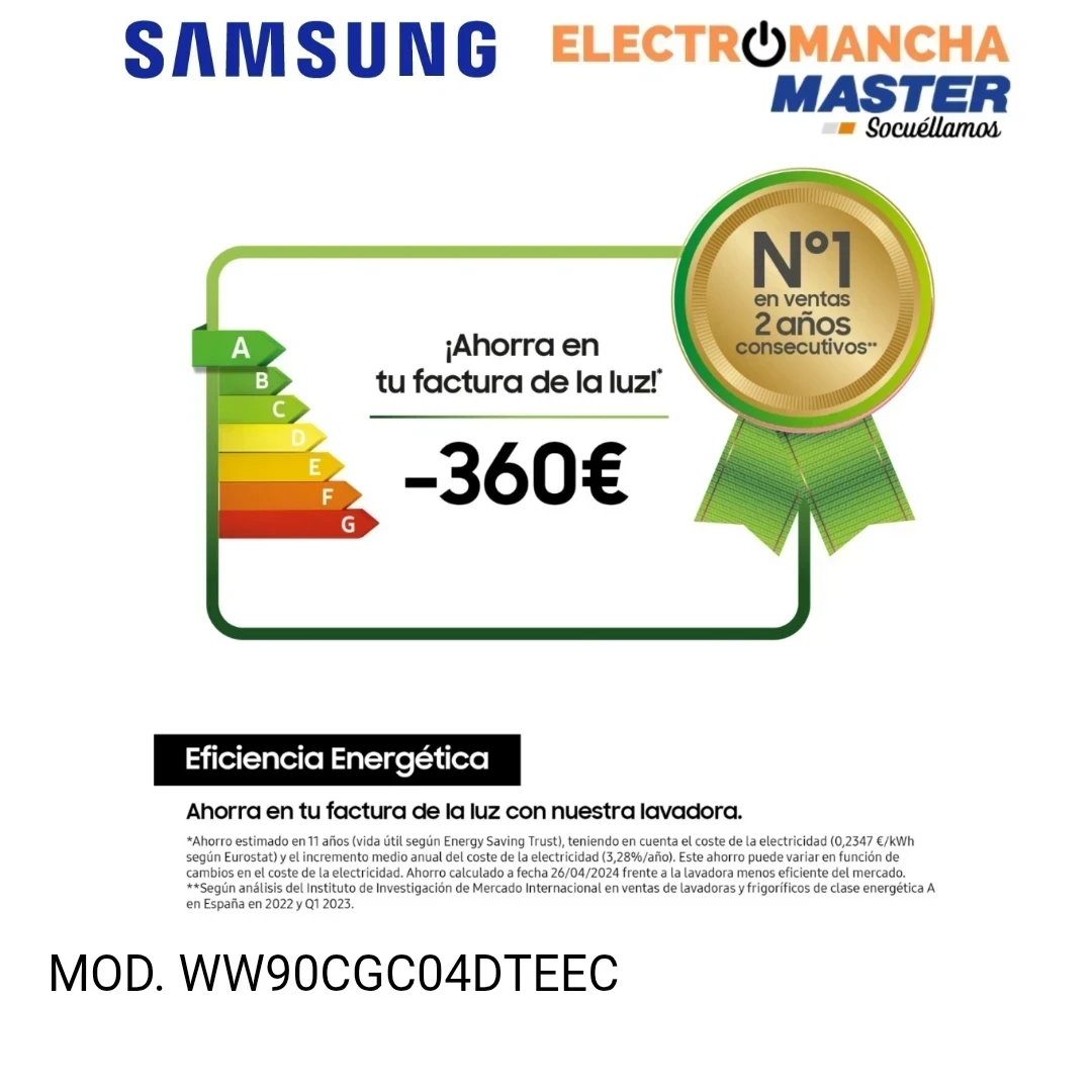 LAVADORA SAMSUNG WW90CGC04DTEEC 9 KG. 1400 RPM. A-10% 3
