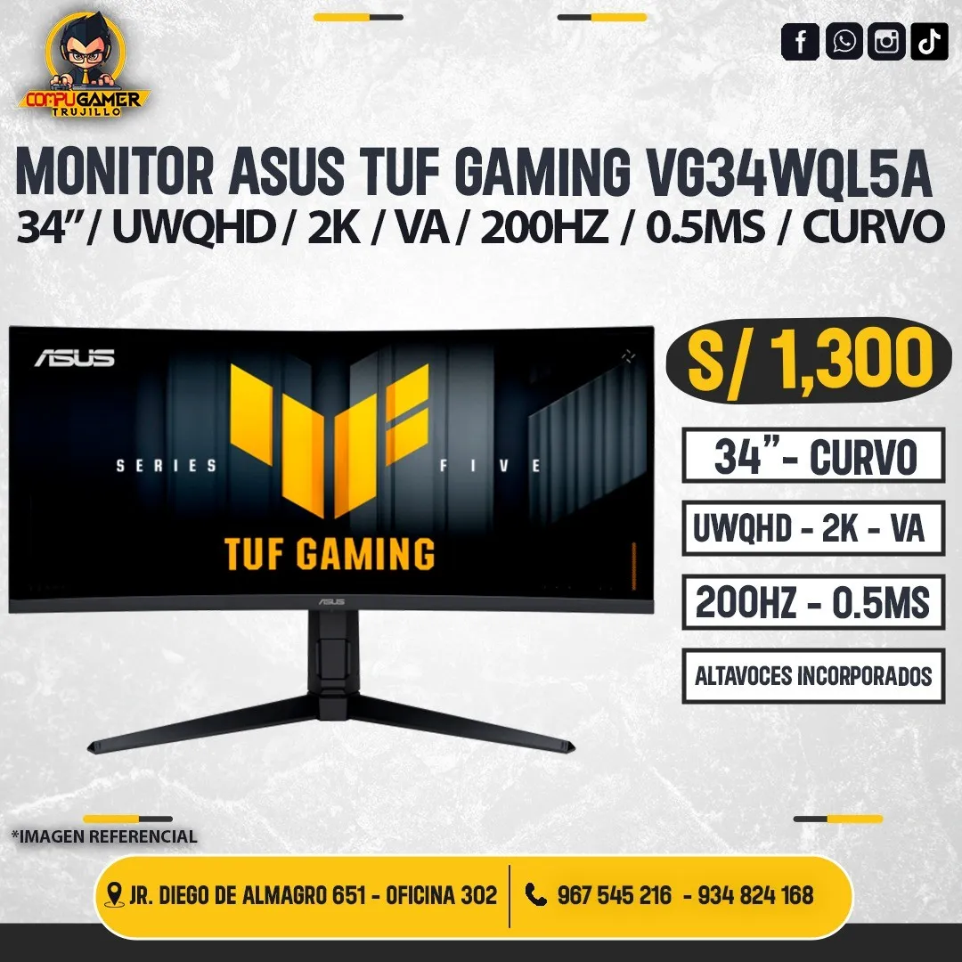 MONITOR ASUS TUF GAMING VG34WQL5A, 34", UWQHD, 2K, VA, 200HZ, 0.5MS, CURVO, ALTAVOCES INCORPORADOS 