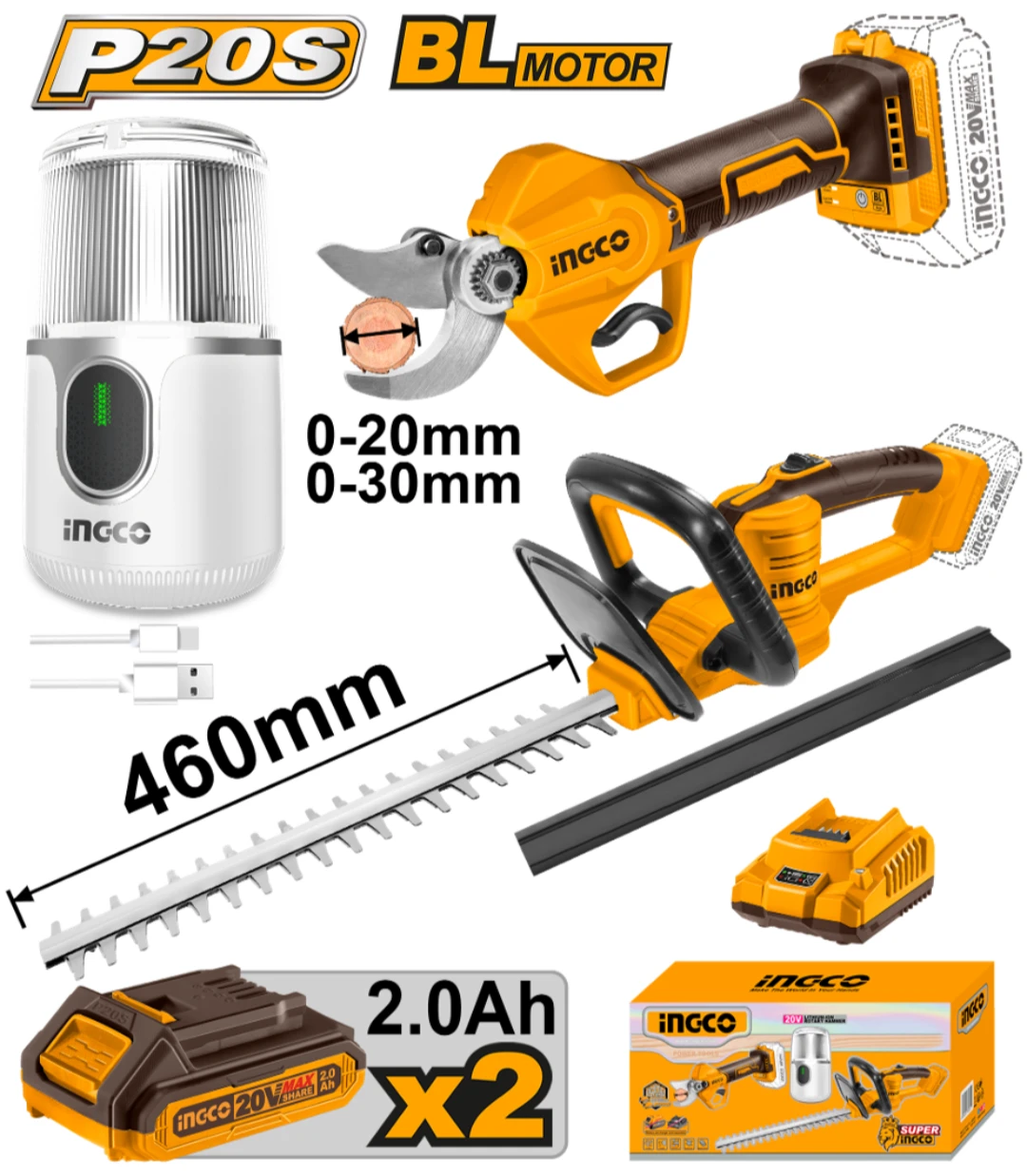 COMBO DE TIJERA DE PODA A BATERIA 20-30MM 20V P20S BRUSHLESS + CORTA CERCO A BATERIA 20V P20S + MOLINILLO DE CAFÉ EN CAJ