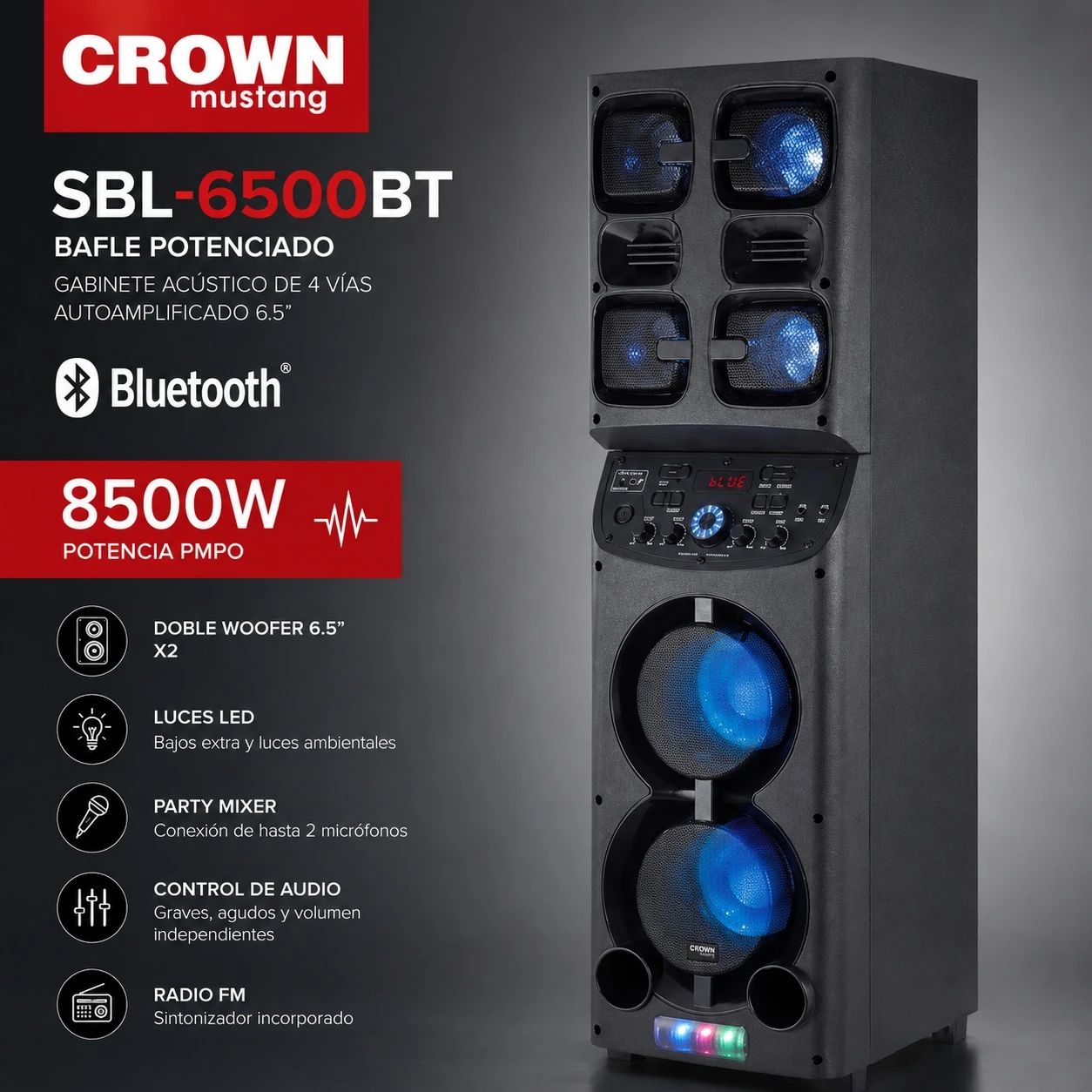 PARLANTE TORRE CROWN MUSTANG SBL-6500BT DOBLE WOOFER 6.5" X2 8.500 PMPO