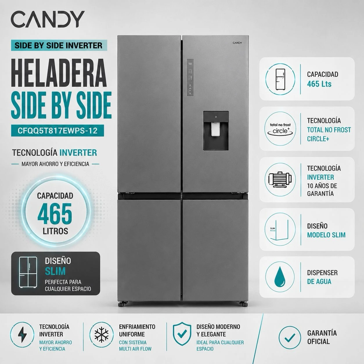 HELADERA CANDY SIDE BY SIDE “465” LITROS SILVER inverter con dispenser