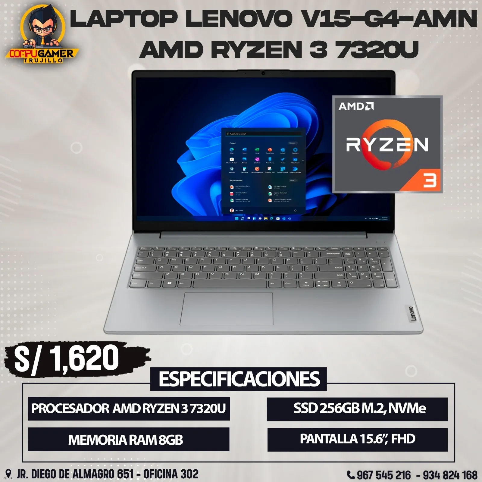 LAPTOP LENOVO AMD RYZEN 3 7320U, RAM 8GB, SSD 256GB