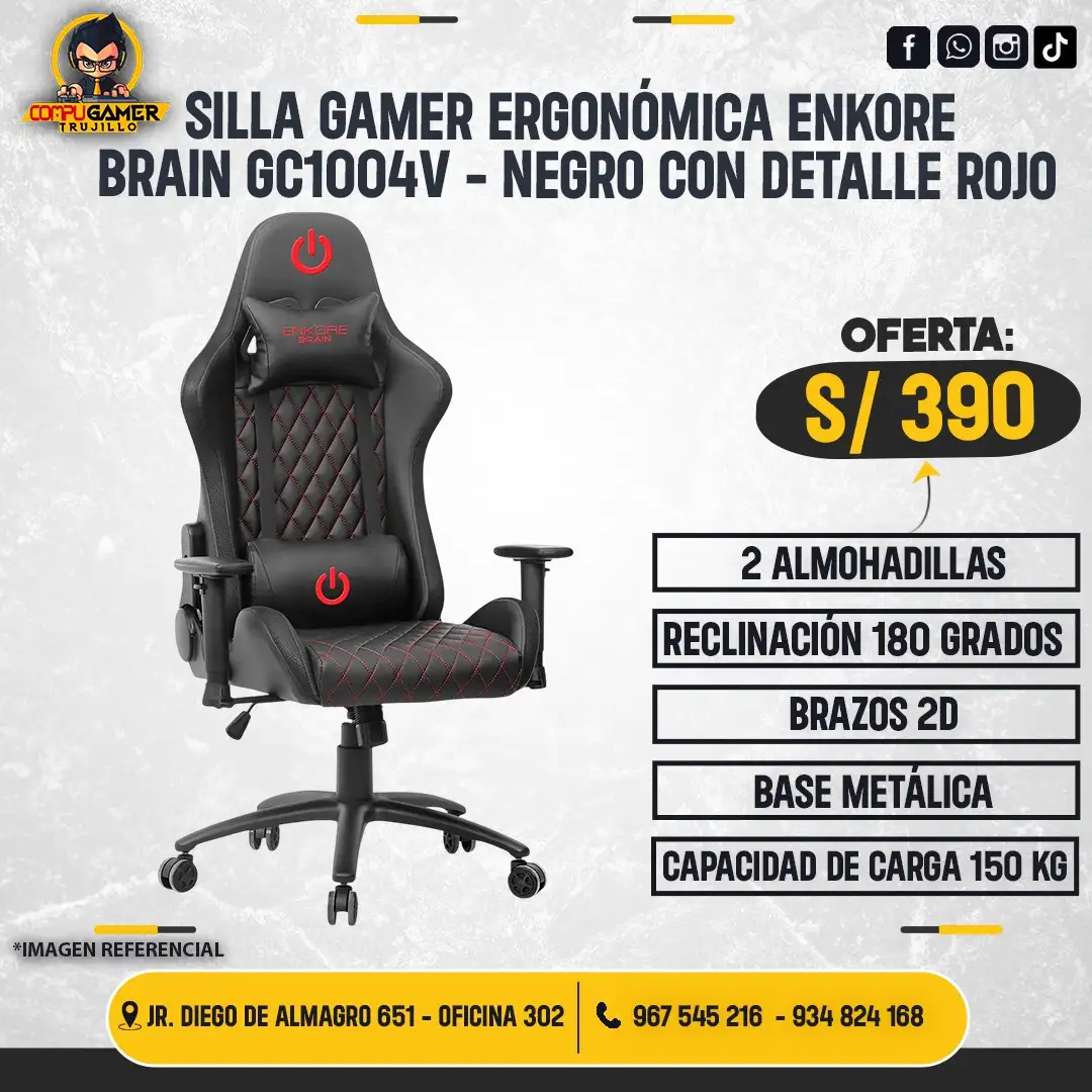 SILLA GAMER ERGONÓMICA ENKORE BRAIN GC1004V, NEGRO CON DETALLES ROJOS