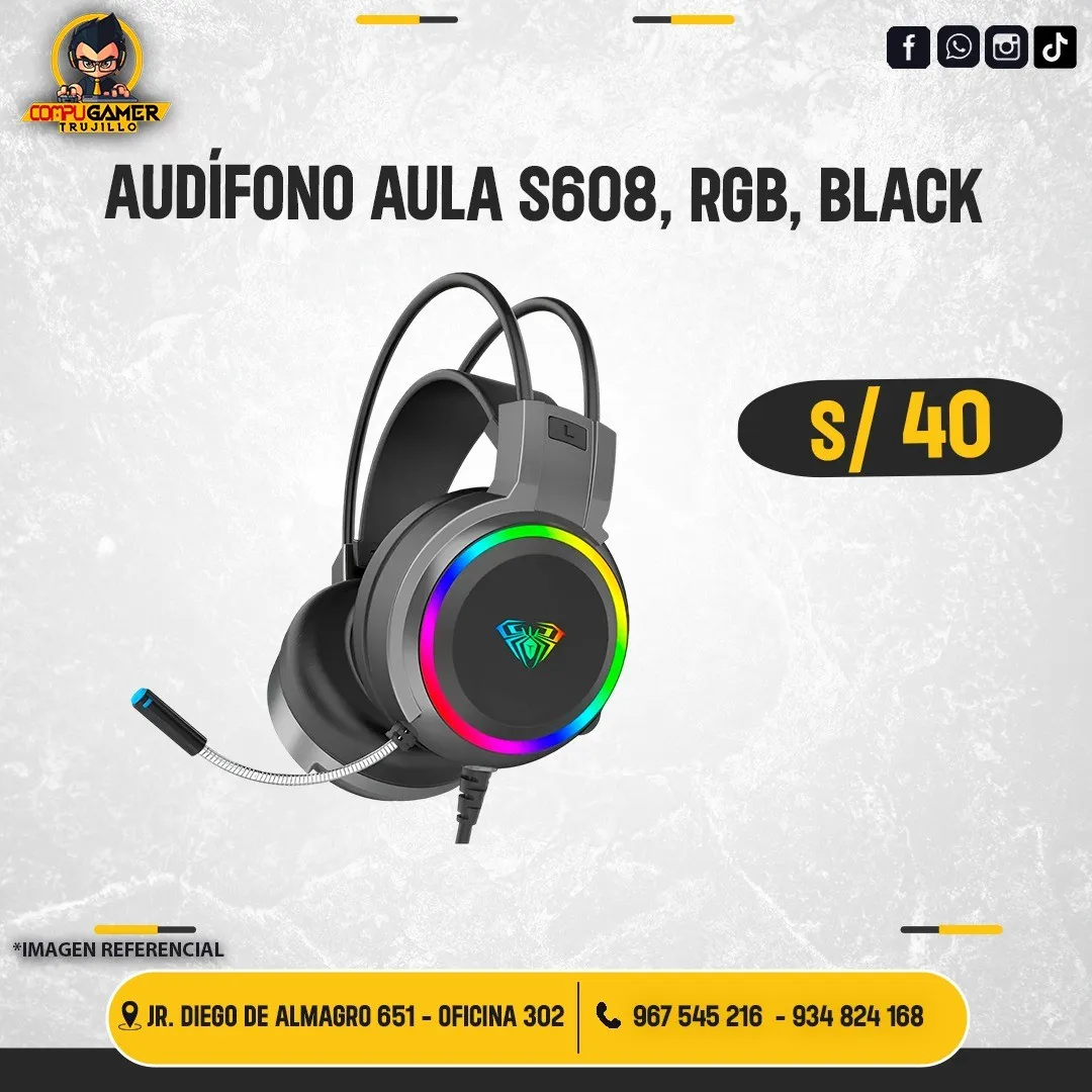 AUDÍFONO AULA S608, RGB, BLACK 