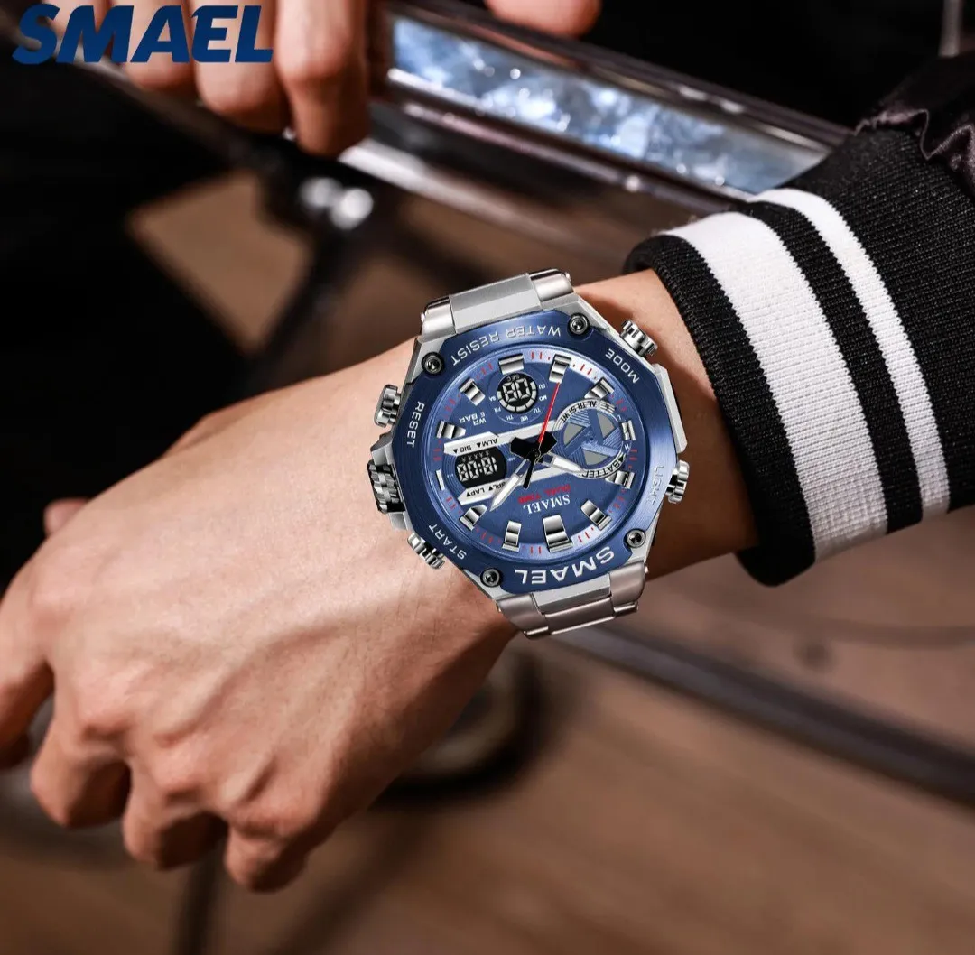 Reloj Smael Original Acero Doble Hora 8097 Sumergible Plateado Fondo Azul 2