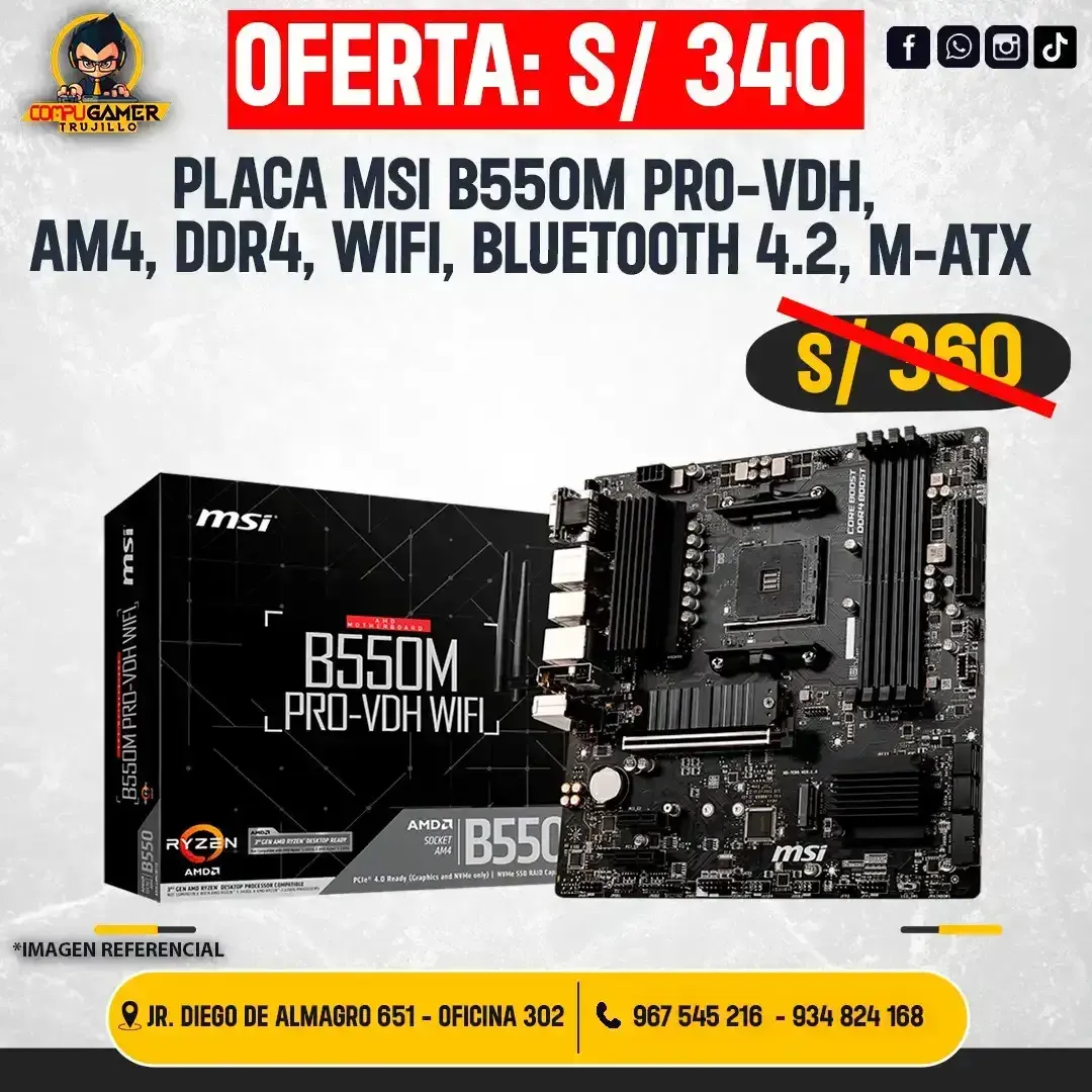 PLACA MSI B550 PRO-VDH,AM4, DDR4, WIFI, BLUETOOTH, M-ATX