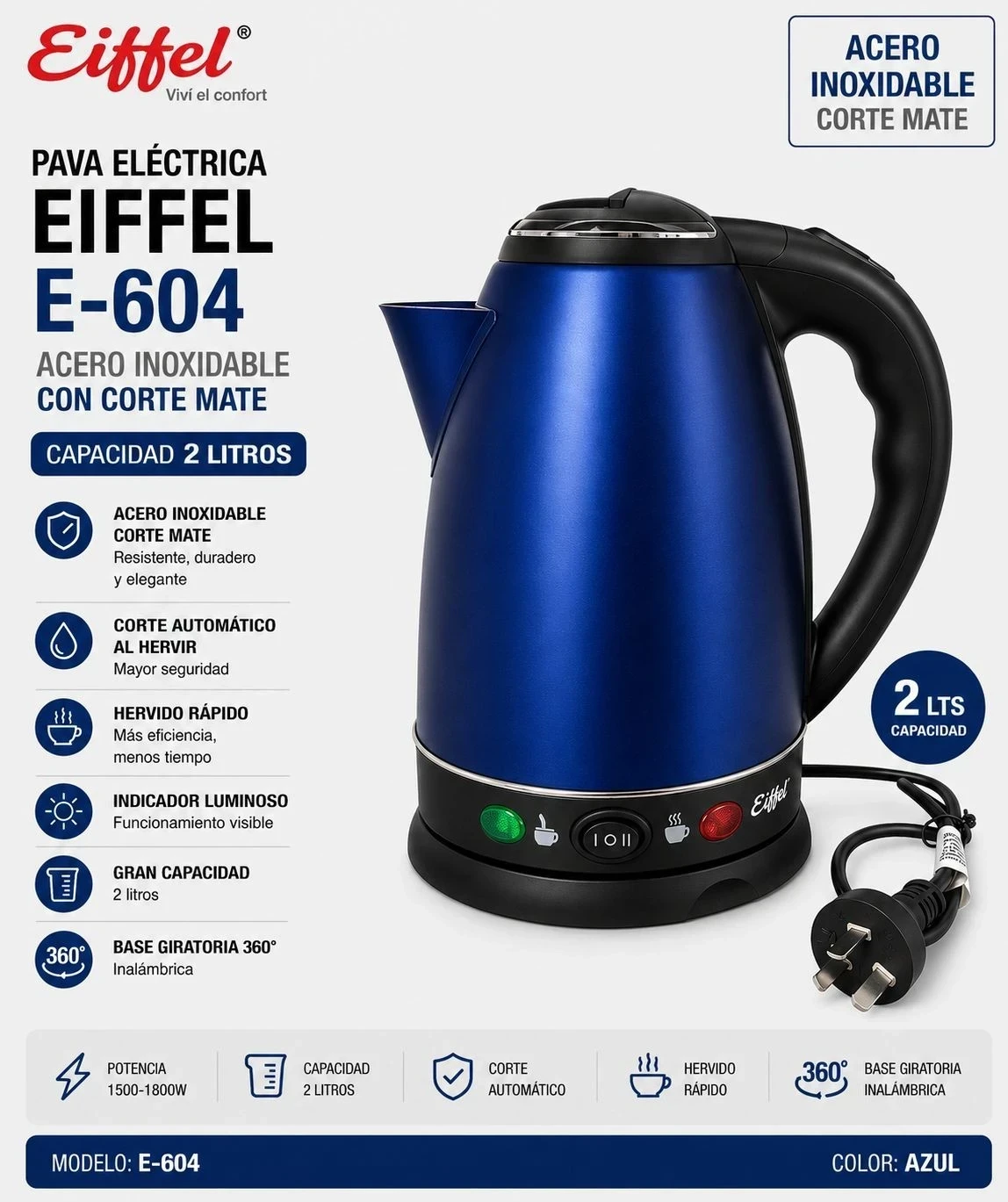 PAVA EIFFEL ACERO INOXIDABLE C/CORTE MATE 2 LTS color azul 🔵*