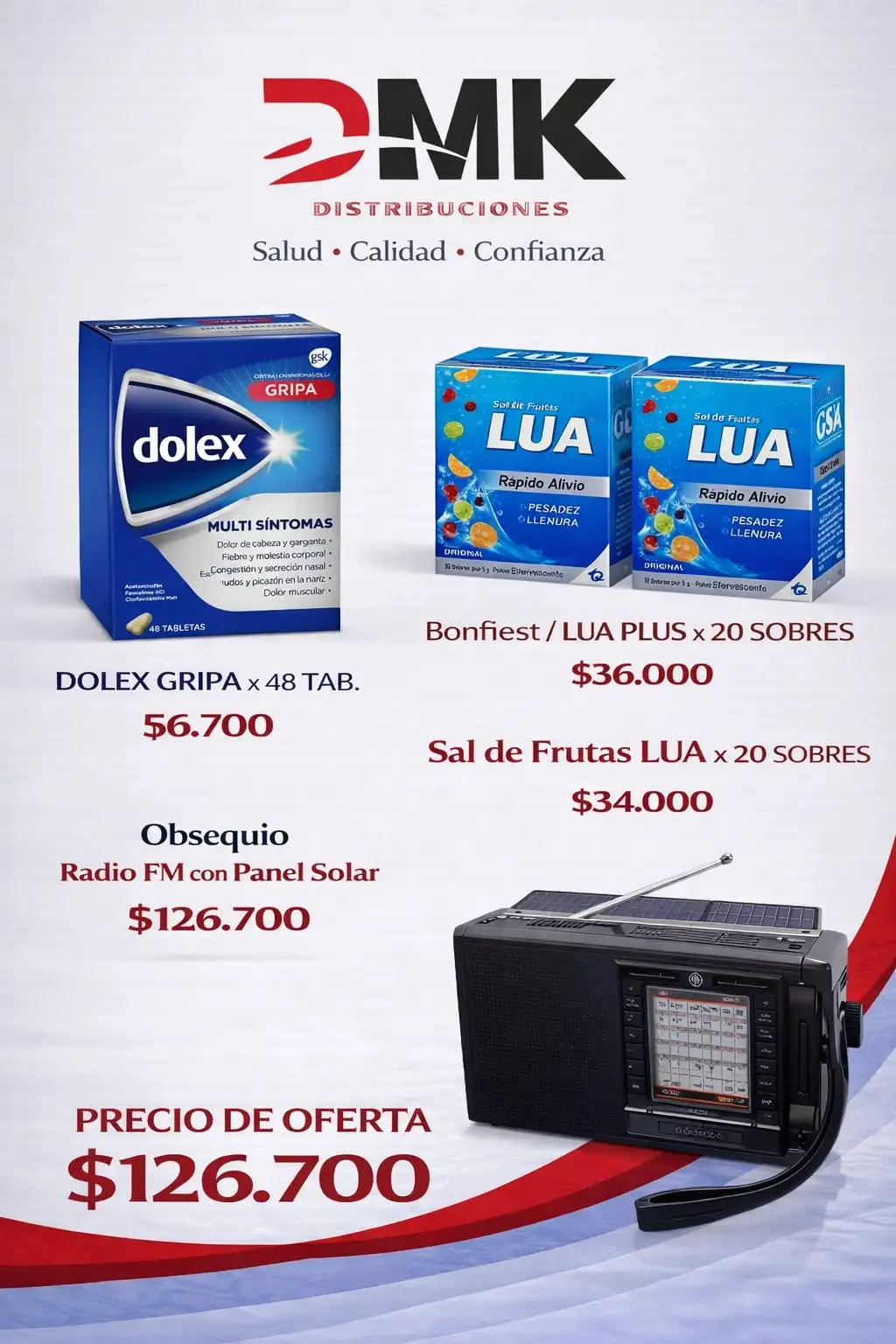 COMBO DOLEX GRIPA*48+SAL DE FRUTAS*20+BONFIEST*20 OBS.RDIO FM PANEL SOLAR 