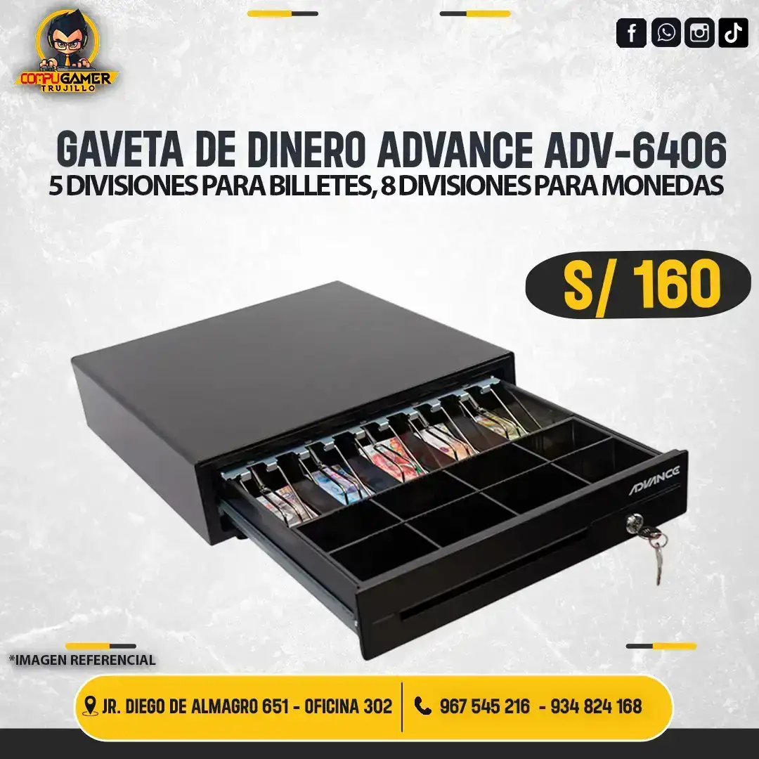 GAVETA DE DINERO ADVANCE ADV-6406, 5 DIVISIONES PARA BILLETES, 8 DIVISIONES PARA MONEDAS