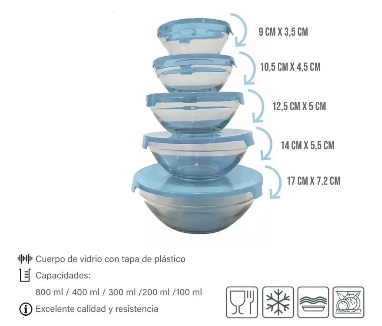 Set bowl vidrio con tapa apto microondas 5 piezas