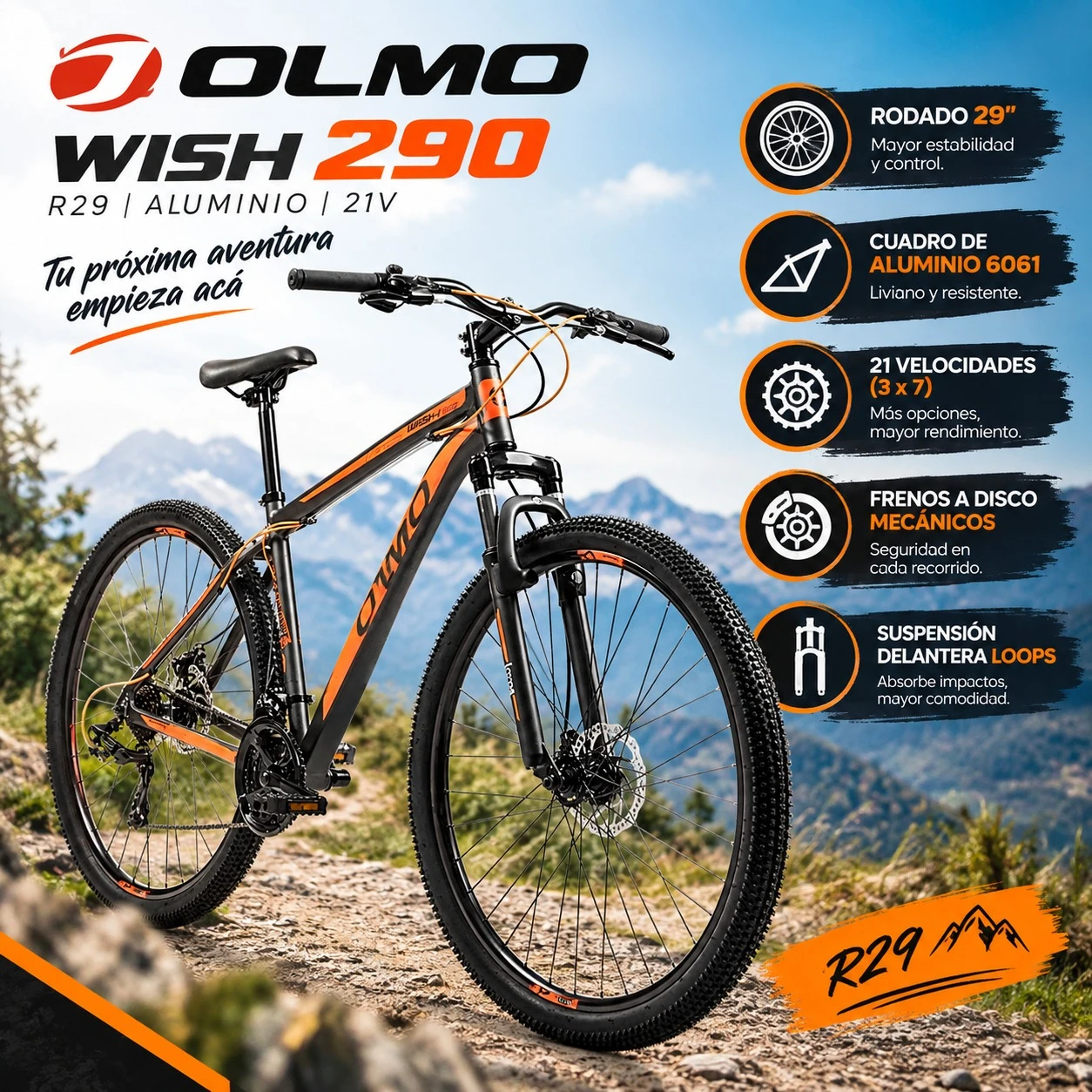 BICICLETA OLMO WISH 290 R29 ALUMINIO- NEGRO NARANJA