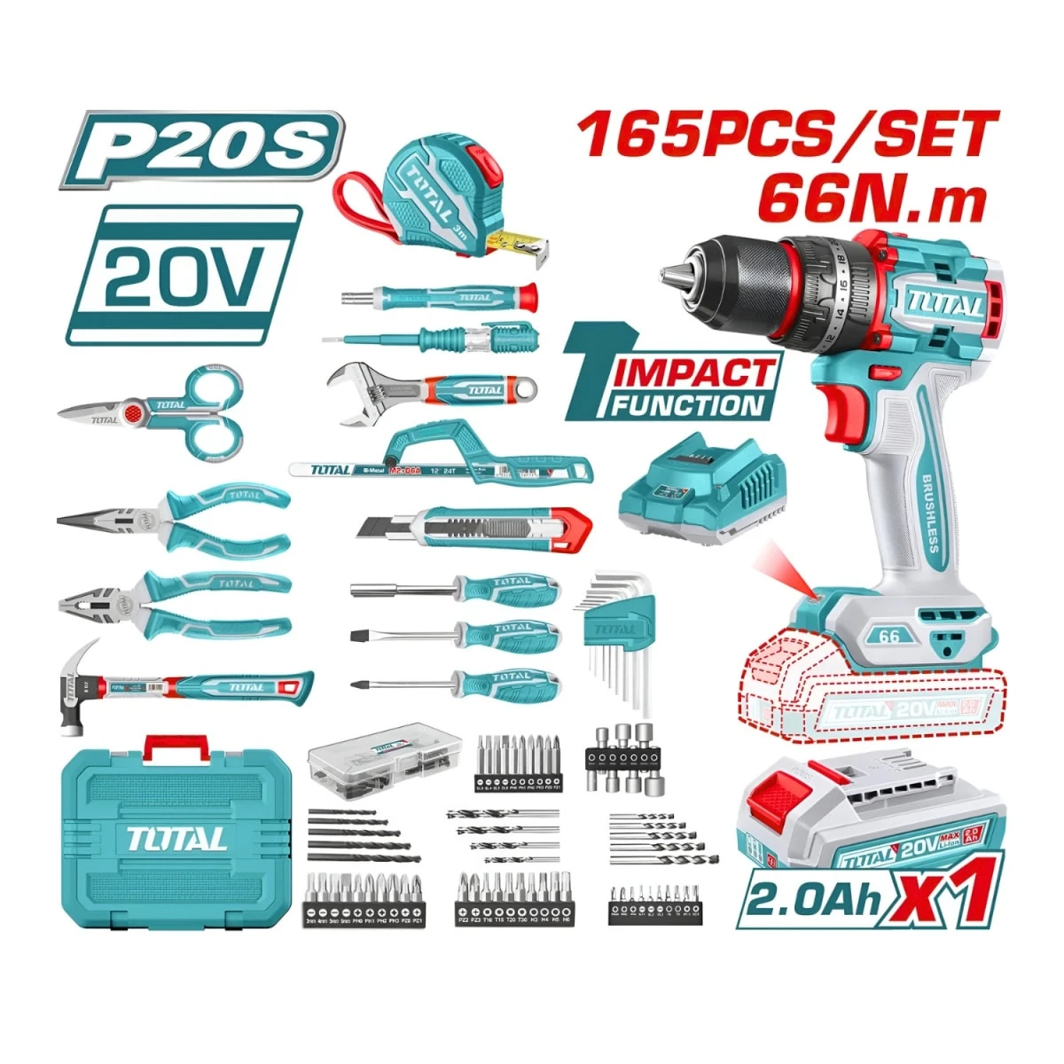 THKTHP11652 Taladro percutor 66nm 20v + 165 herramientas total 3