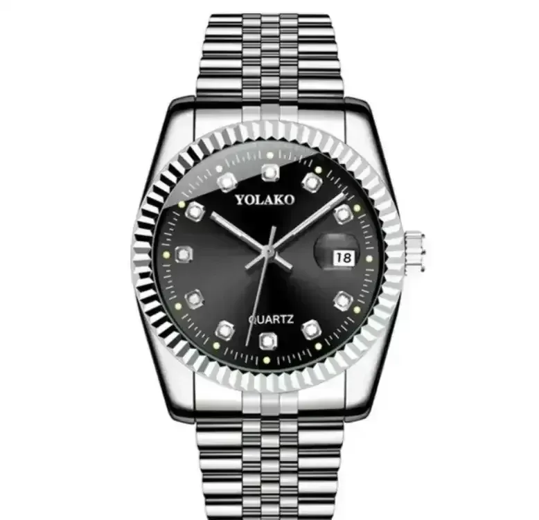 Reloj Yolako Pulso Acero Plateado Fondo Negro Piedras Internas 2