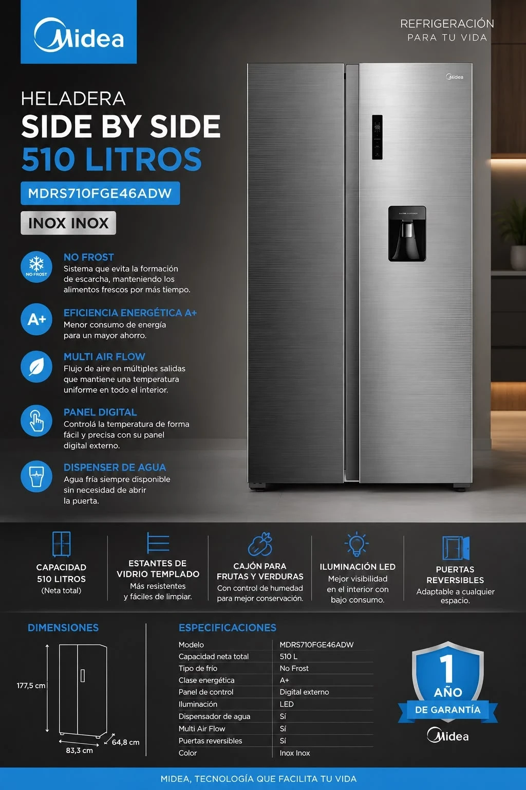 HELADERA MIDEA SIDE BY SIDE 510 LITROS INOXIDABLE MDRS710FGE46ADW NO FROST