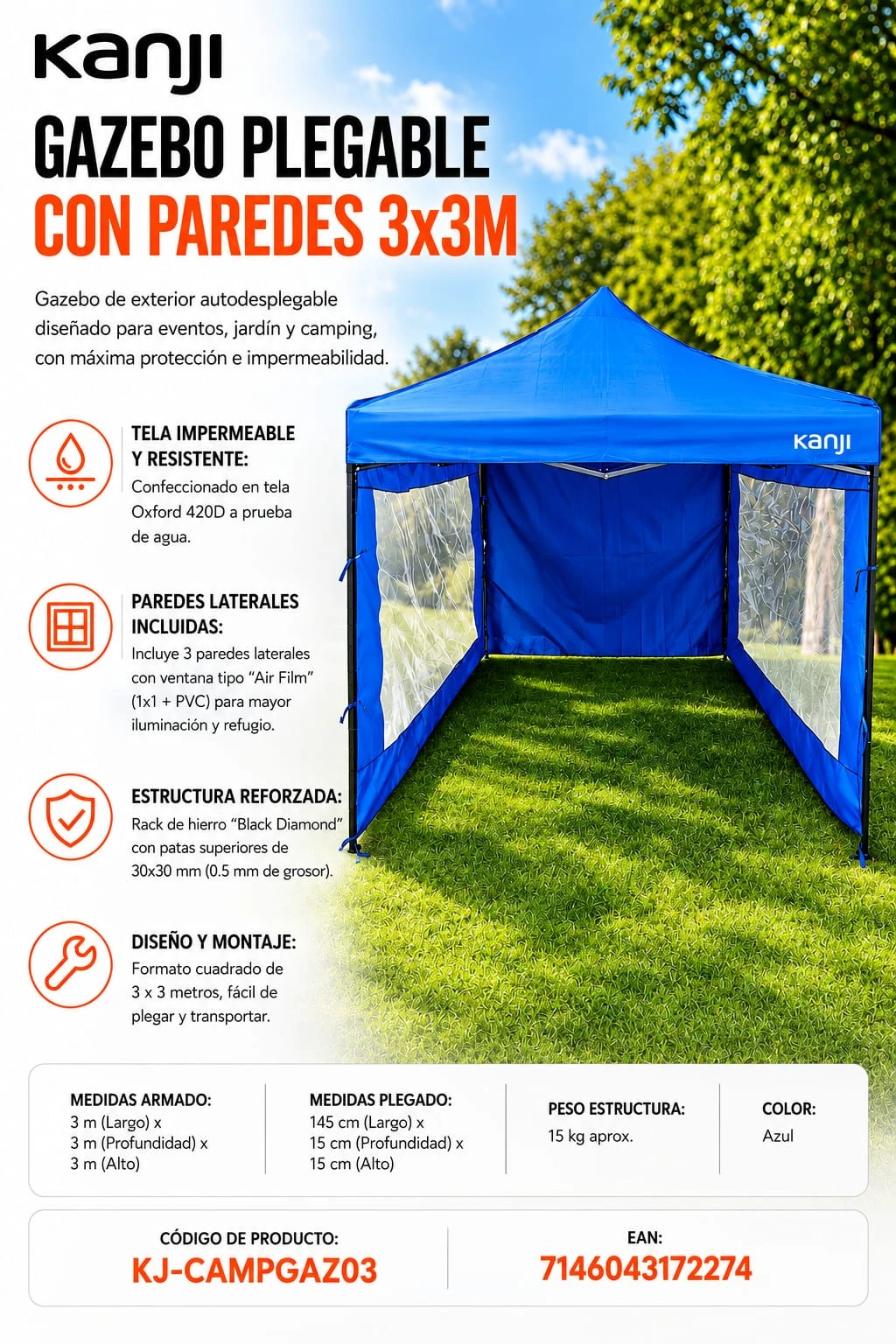 Gazebo Kanji 3X3 Con Paredes y Ventana